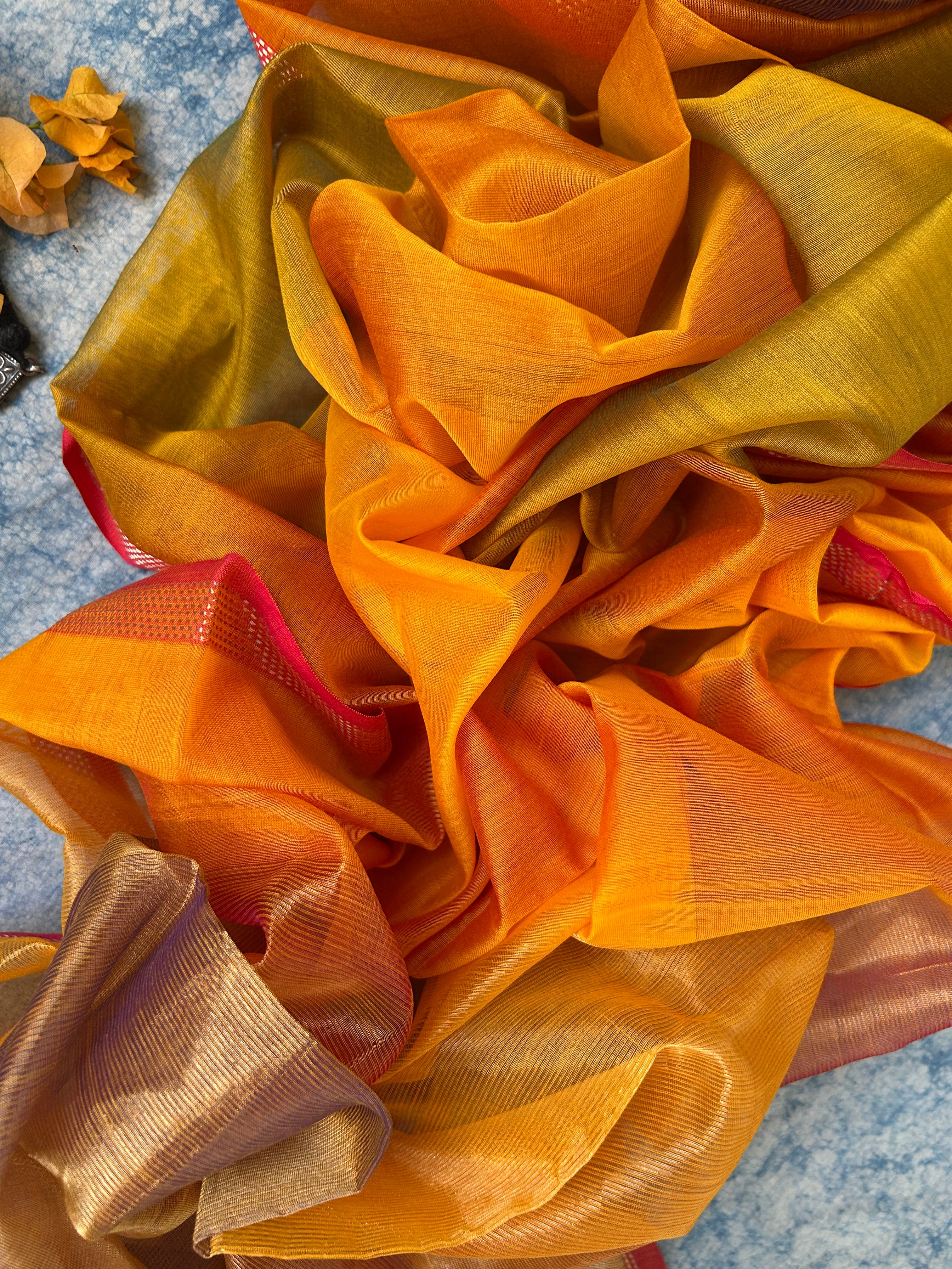 Handwoven Maheshwari Kurta Dupatta Set - Mustard and Orange