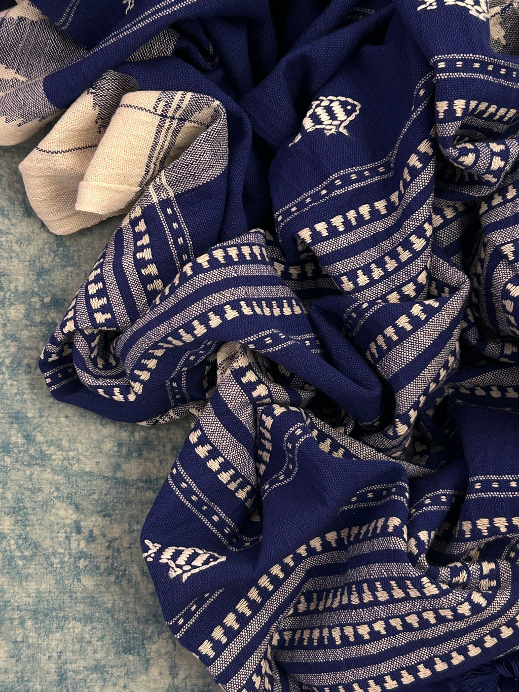 Handspun Handwoven Kotpad Suit Set - Ivory Butti & Blue