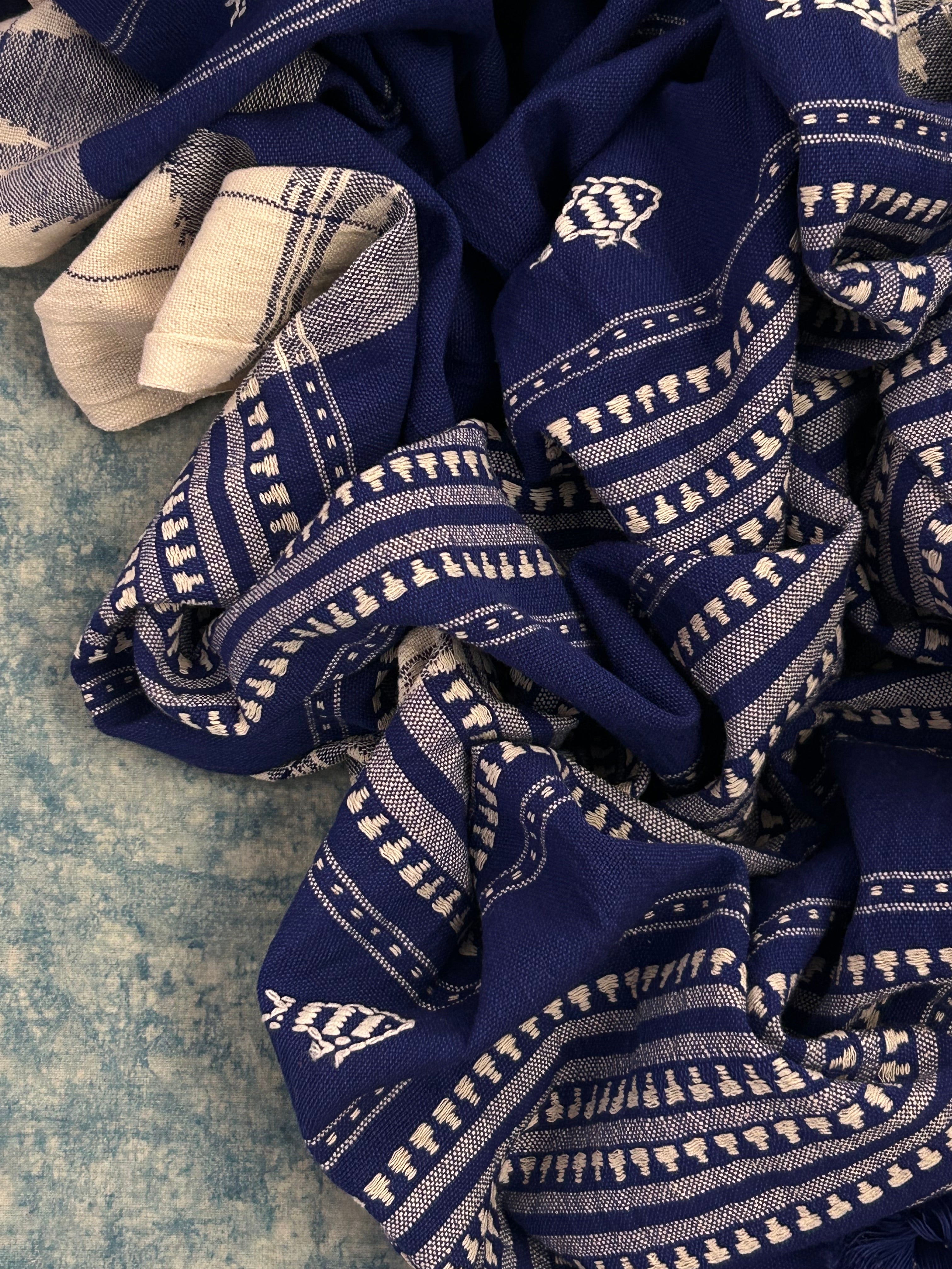 Handspun Handwoven Kotpad Suit Set - Ivory Butti & Blue