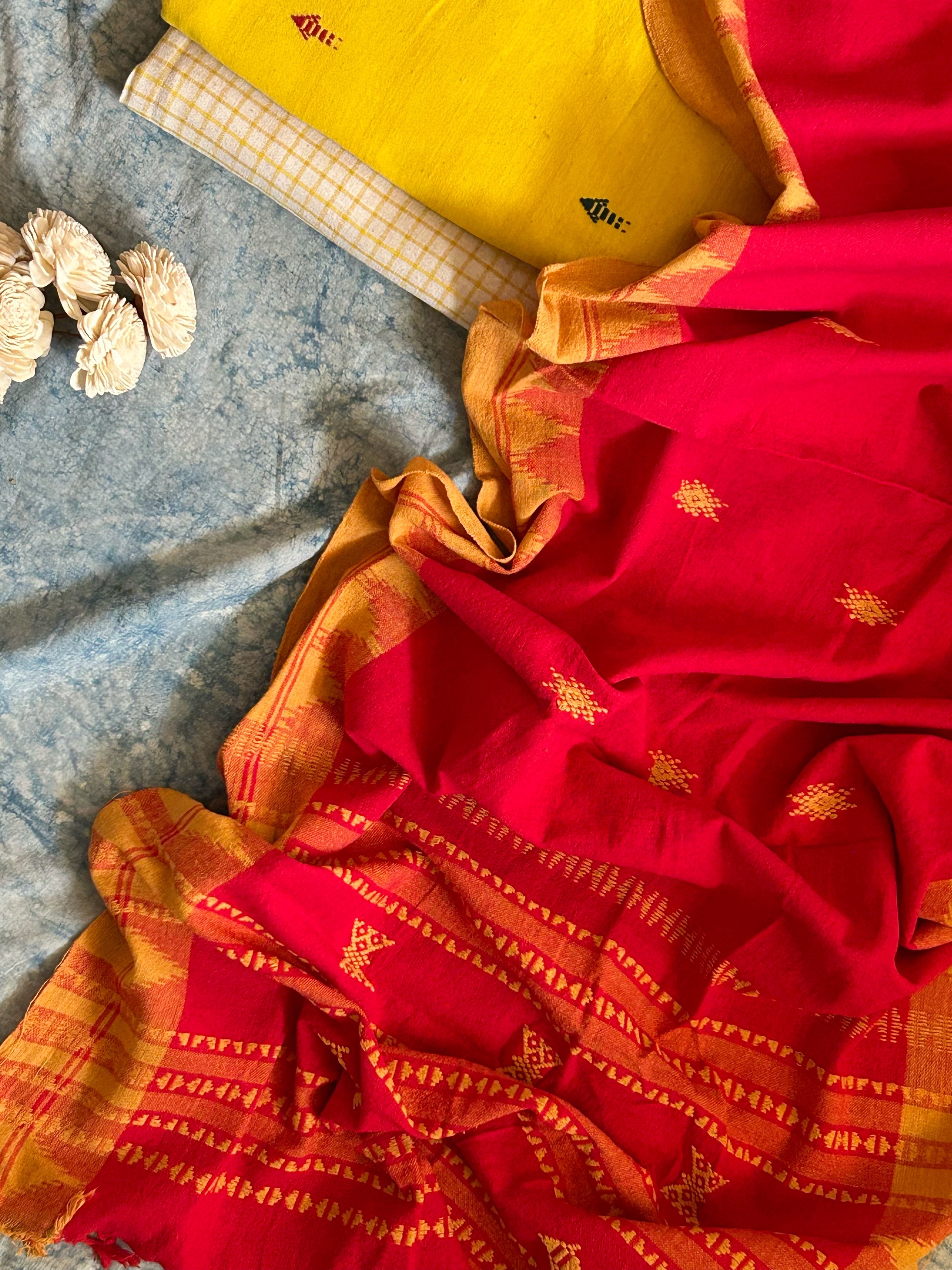 Handspun Handwoven Kotpad Suit Set - Yellow Butti & Check