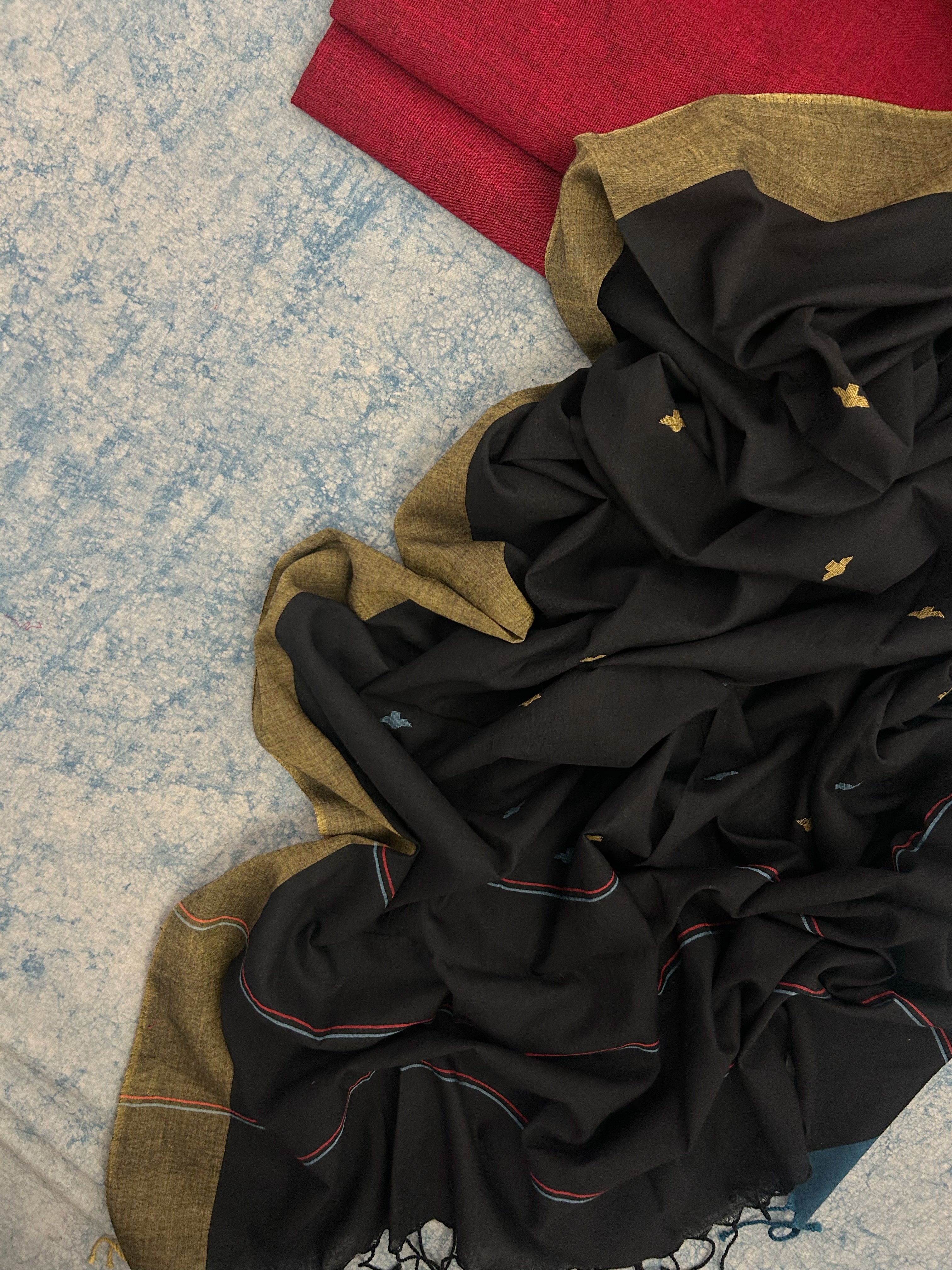 Handwoven Cotton Bengal Jamdani Dupatta Set - Deep Rose Maroon