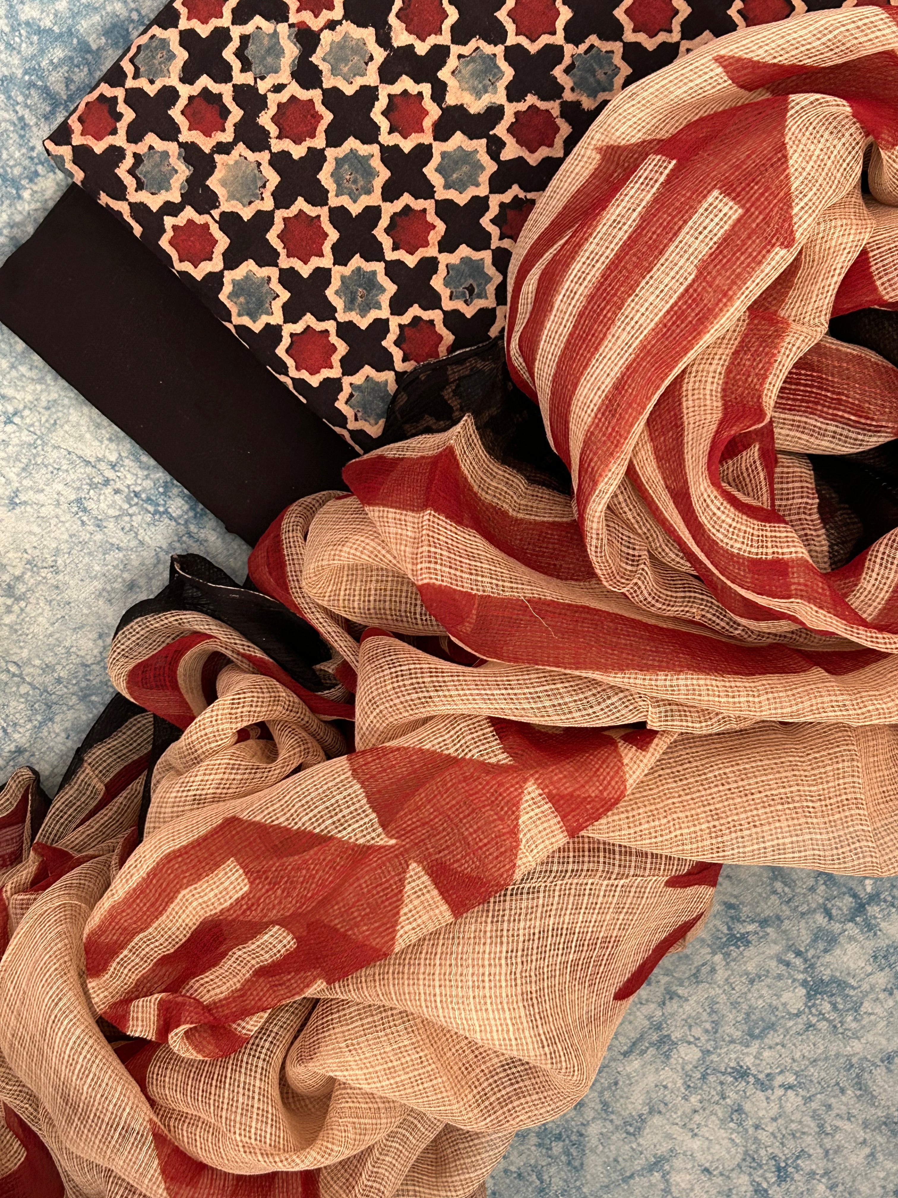 Natural Dyes Handcrafted Ajrakh Kota Suit - Red & Madder Red