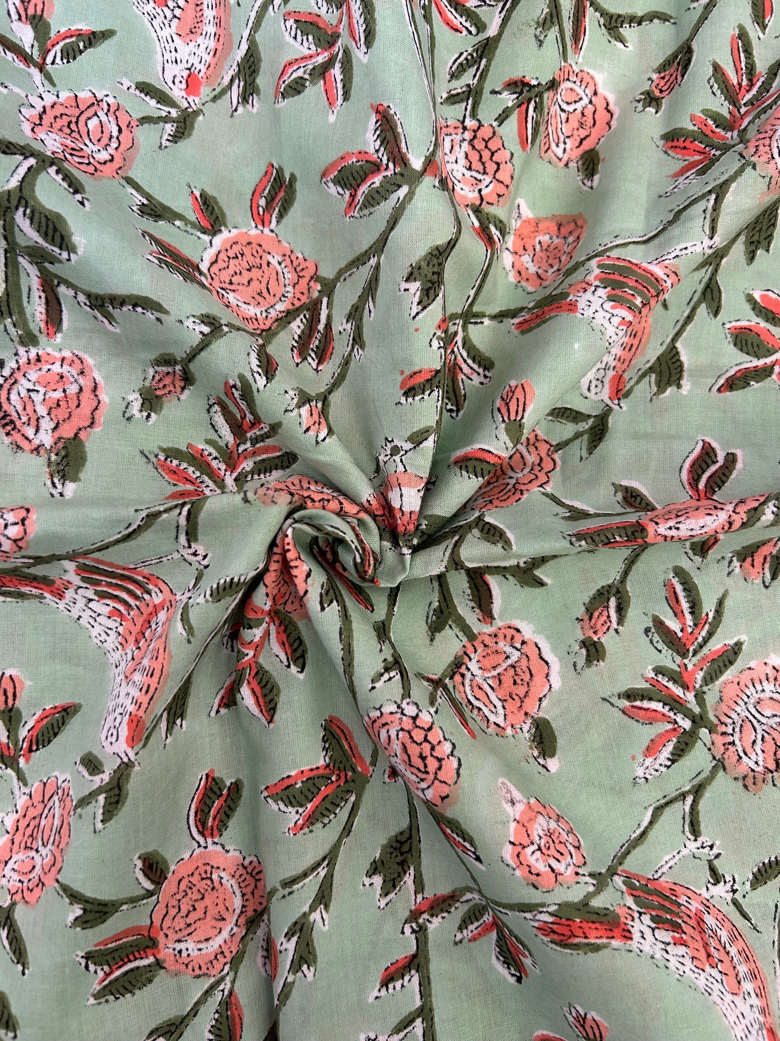 Handblock Printed Azofree dye cotton - Floral Peach & Green(1m)