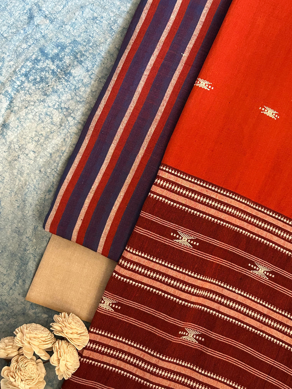Handspun Handwoven Kotpad Suit Set -Blue Rust Stripes