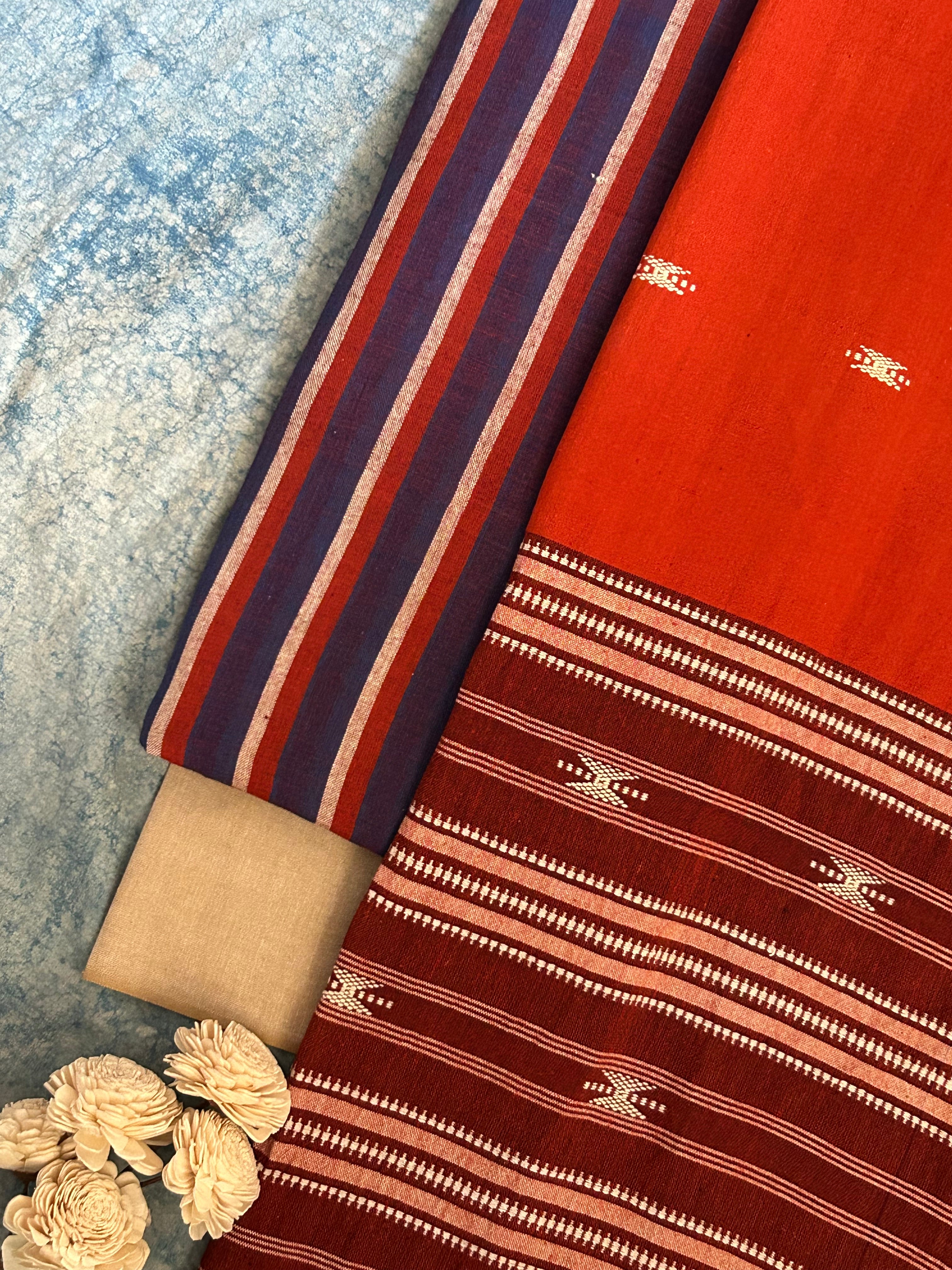 Handspun Handwoven Kotpad Suit Set -Blue Rust Stripes