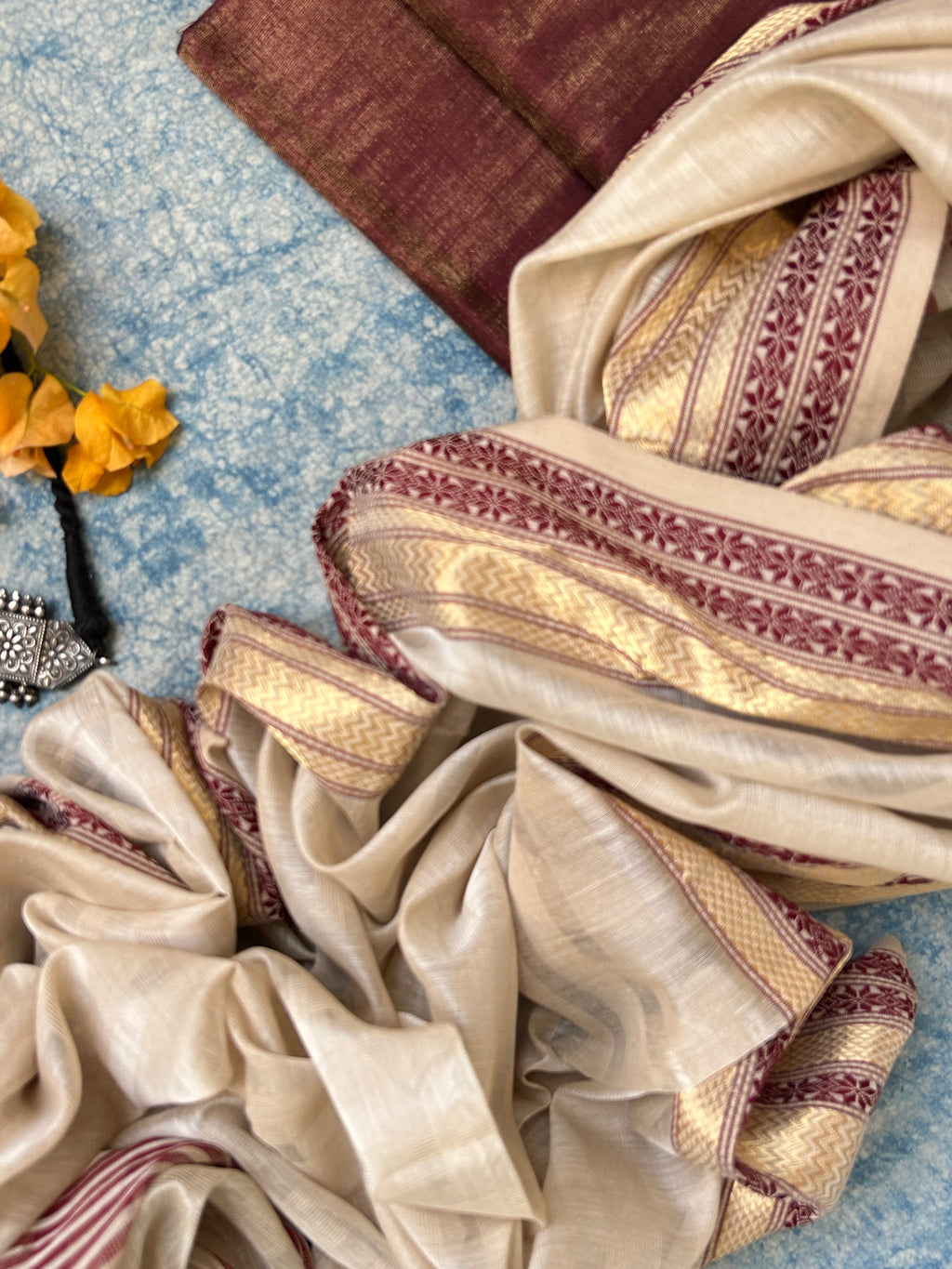 Handwoven Maheshwari Kurta Dupatta Set -Deep Wine and Ivory
