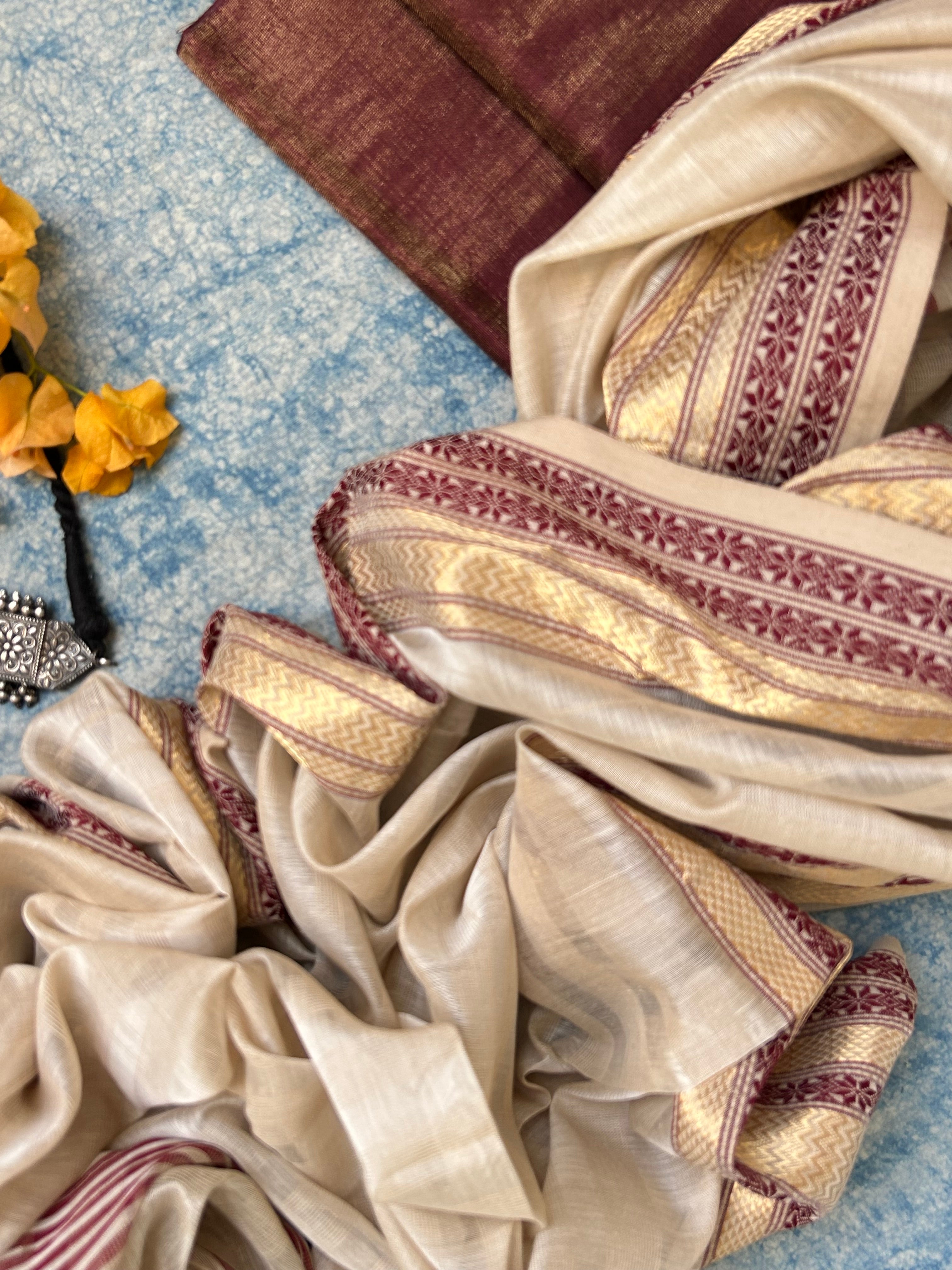 Handwoven Maheshwari Kurta Dupatta Set -Deep Wine and Ivory