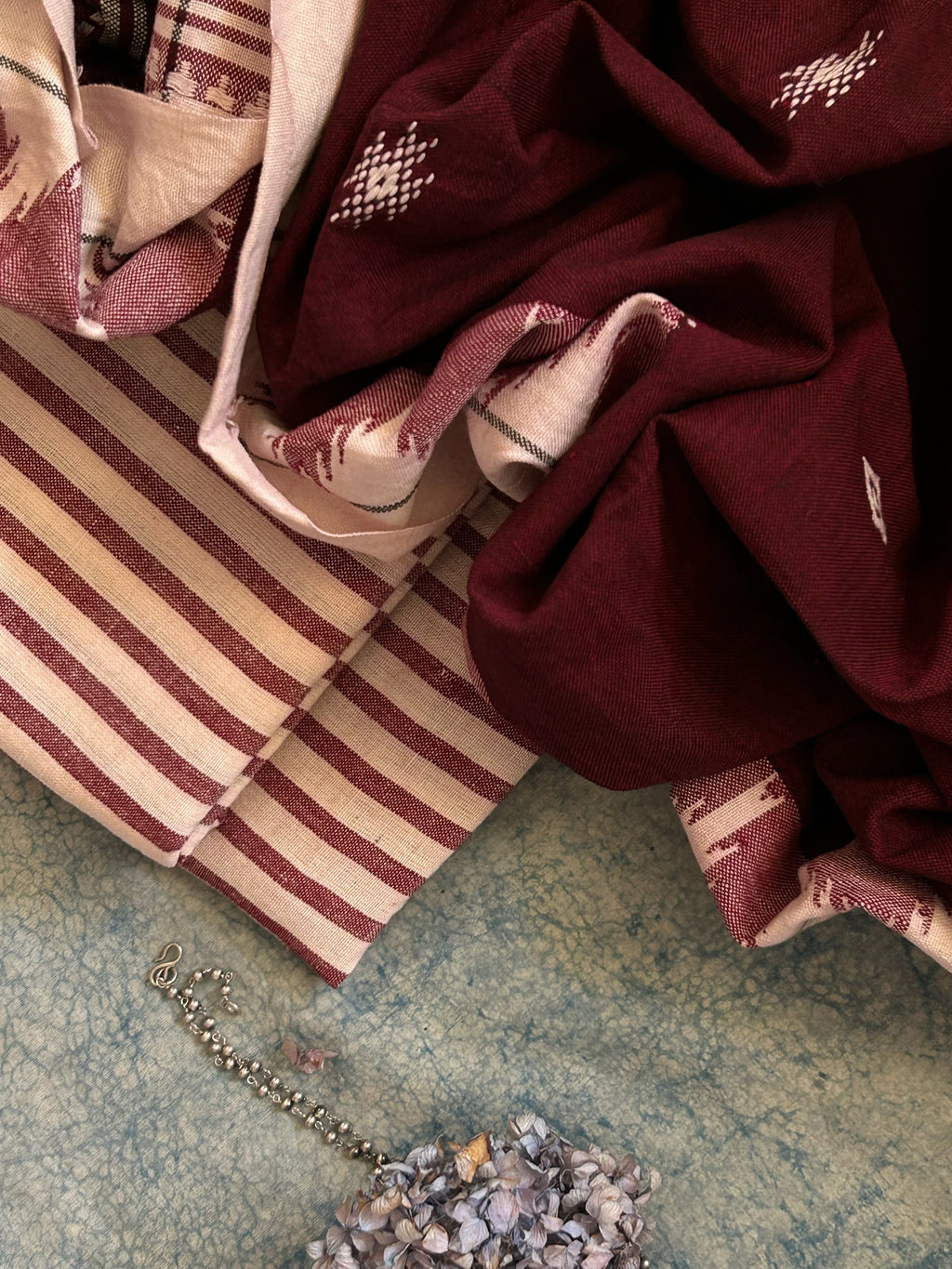 Handspun Handwoven Kotpad Suit Set - Ivory & Deep Maroon Stripes