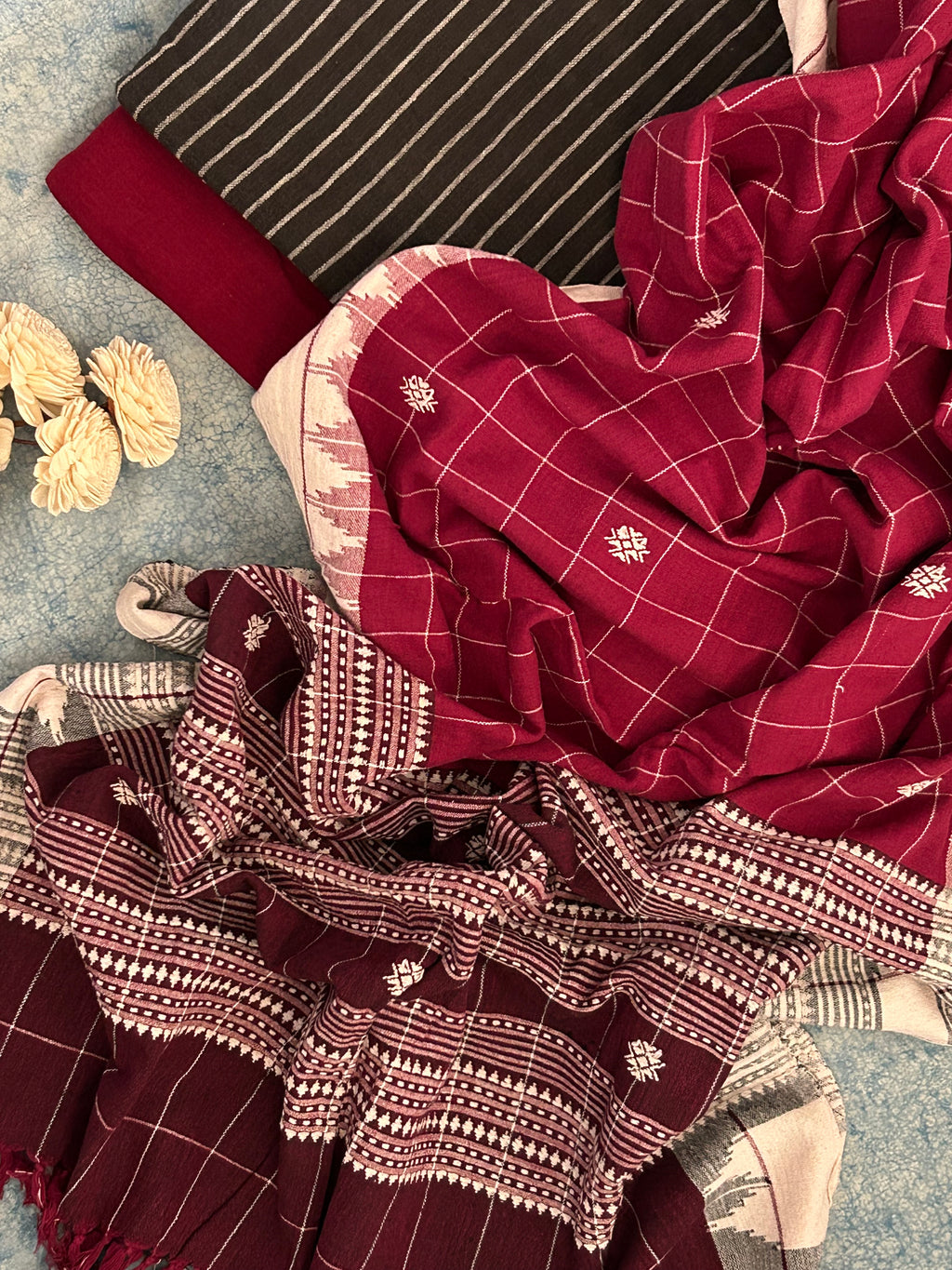 Handspun Handwoven Kotpad Suit Set -Black and Maroon