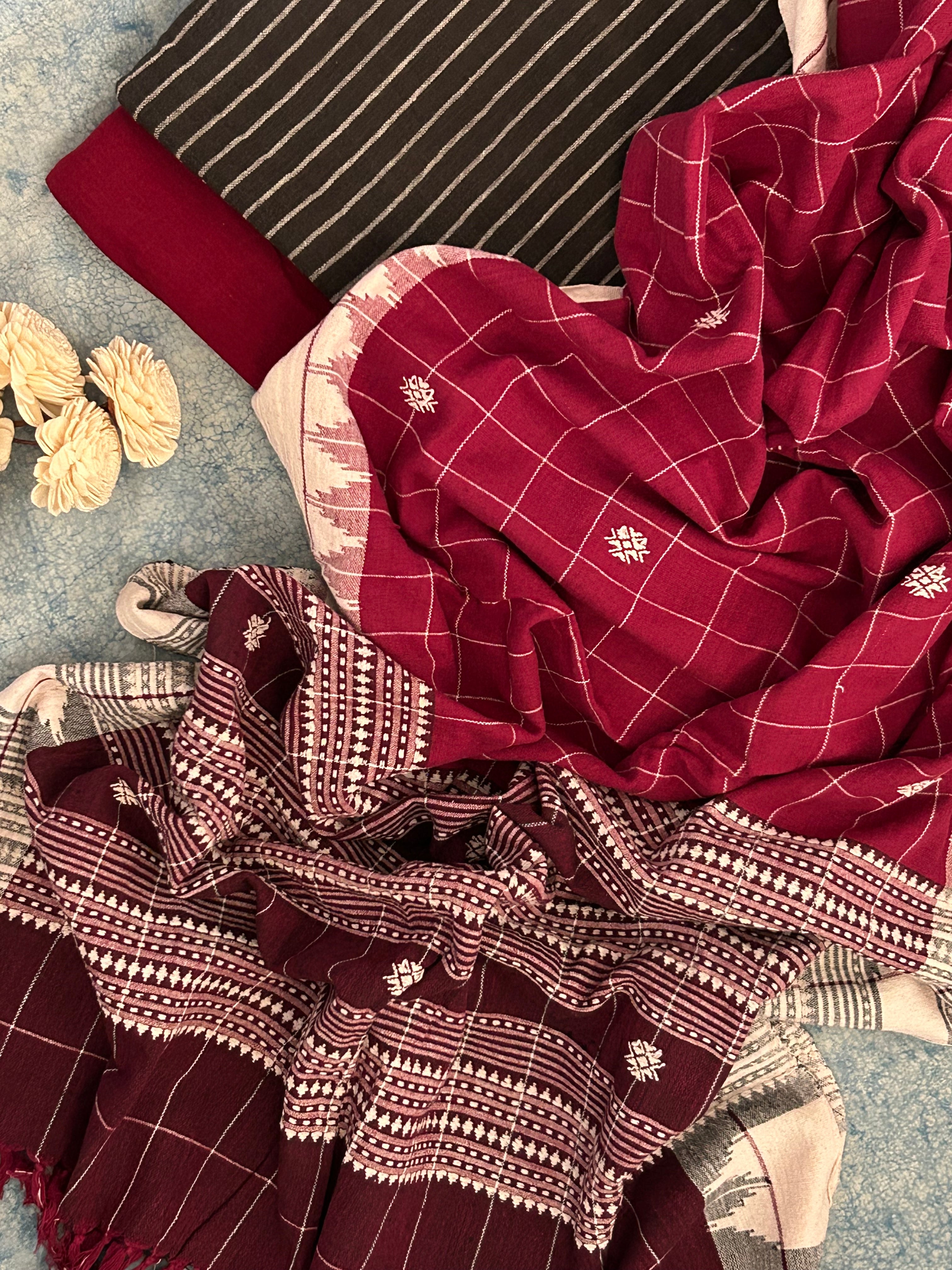 Handspun Handwoven Kotpad Suit Set -Black and Maroon
