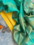 Handwoven Maheshwari Kurta Dupatta Set - Turquoise & Yellow
