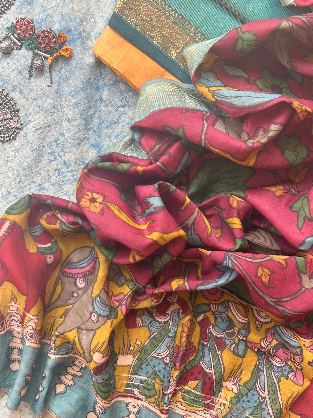 Madhavi - Handwoven Hand-drawn Handpainted Pen Kalamkari Kurta Dupatta Set