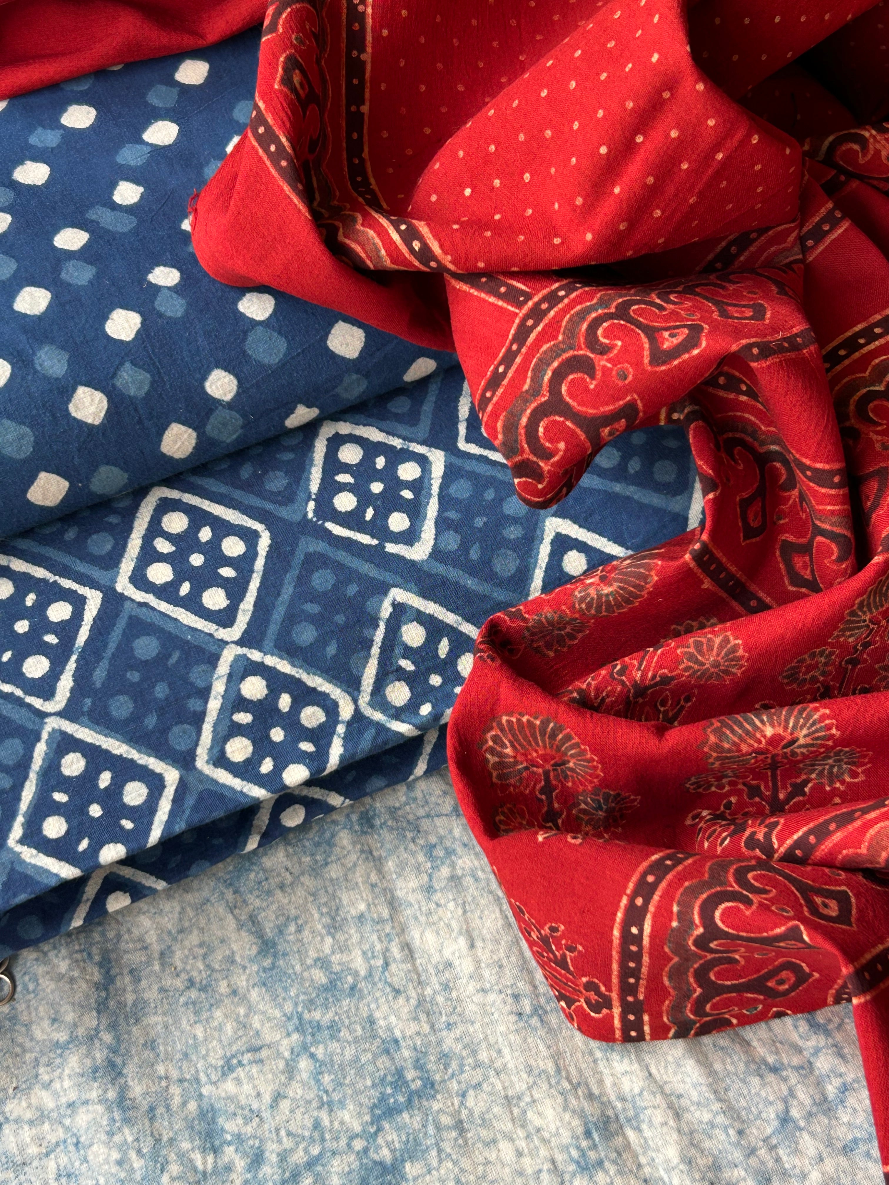Daboo and Ajrakh Handblock Printed Set - Indigo and Madder Red