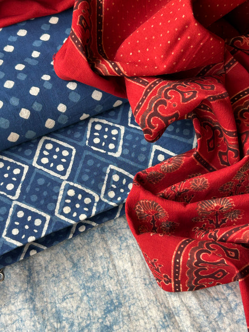 Daboo and Ajrakh Handblock Printed Set - Indigo and Madder Red