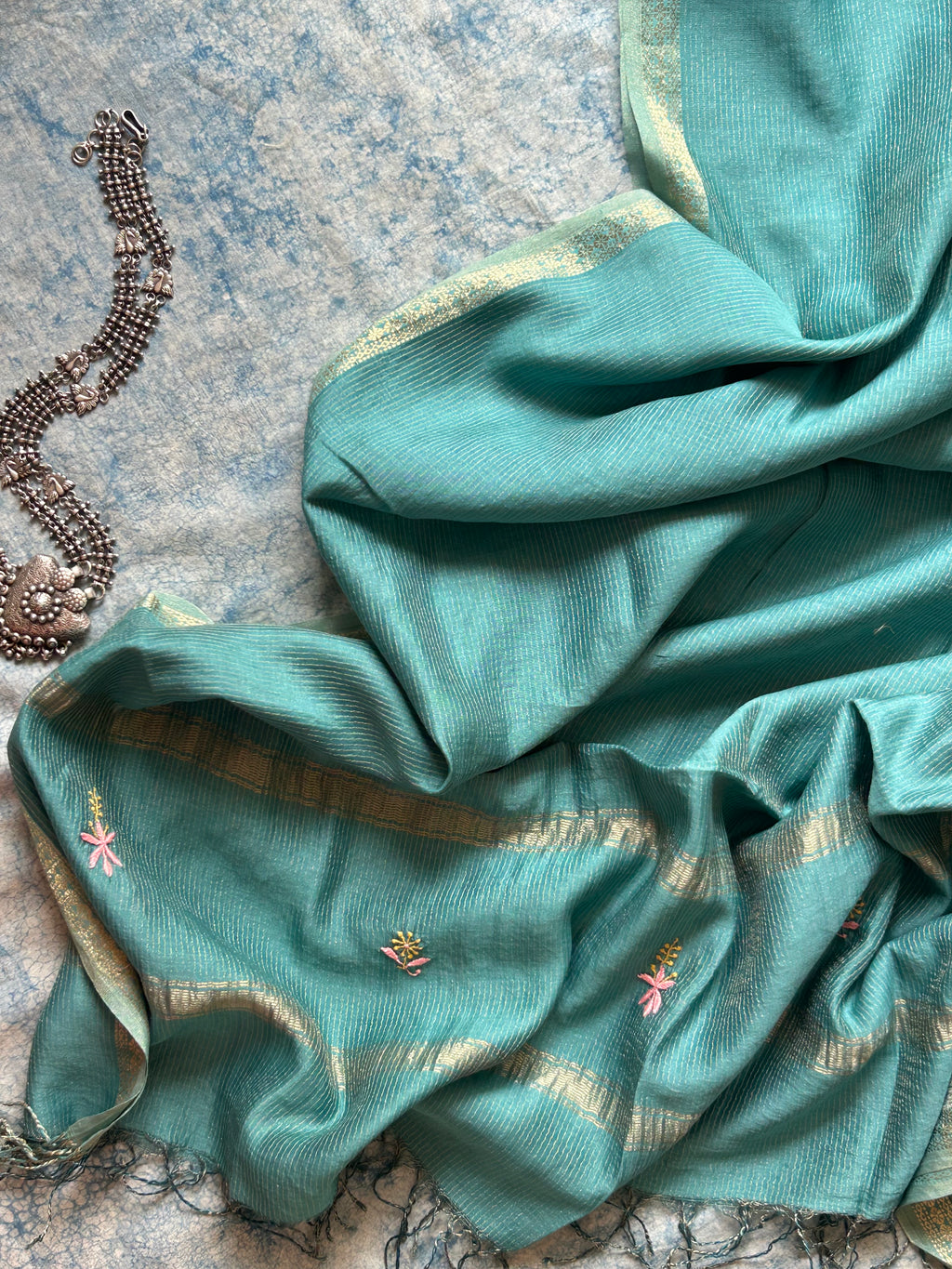 Amruta - Handwoven Chikankari Work Maheshwari Tissue Set