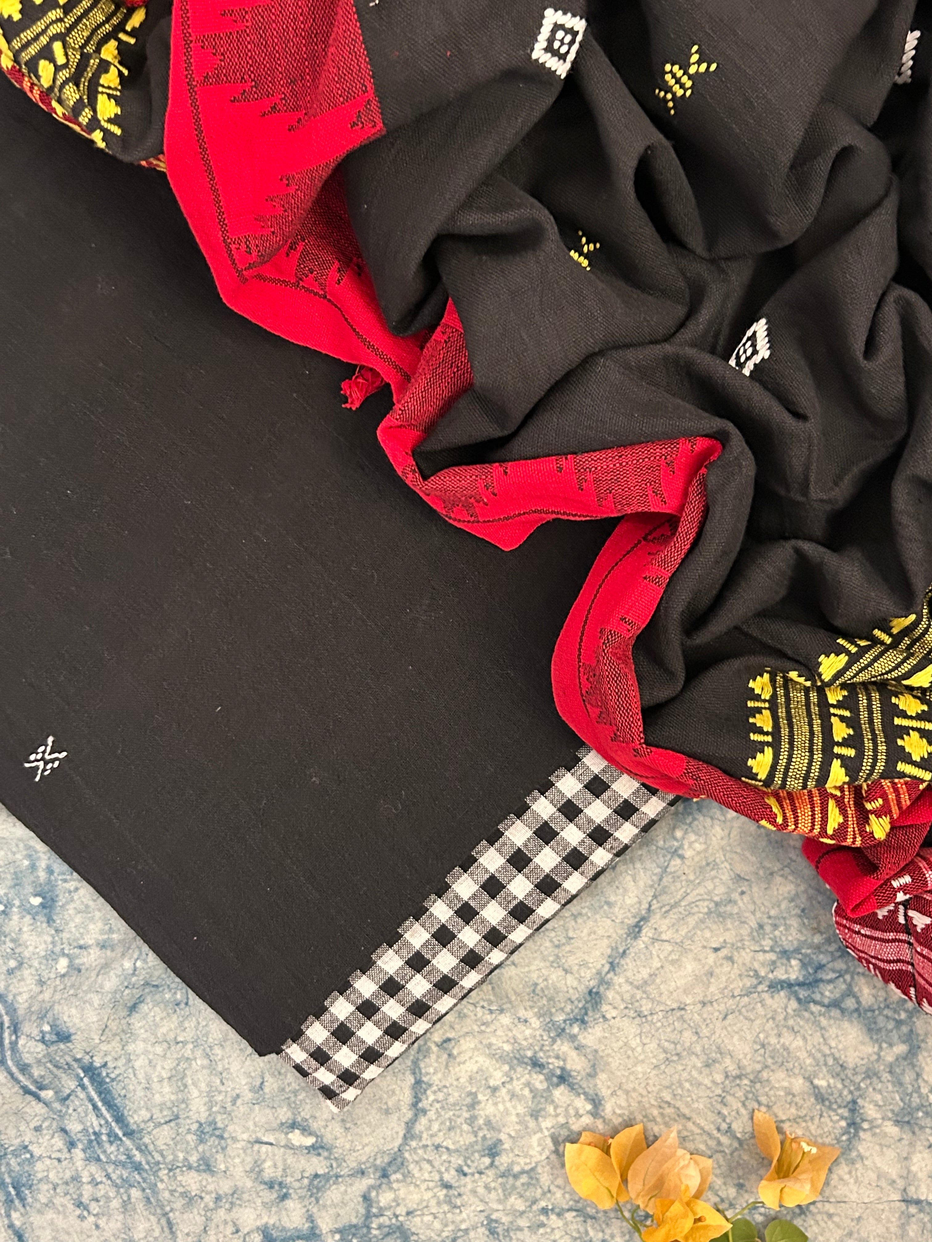 Handspun Handwoven Kotpad Suit Set -Black Checkered