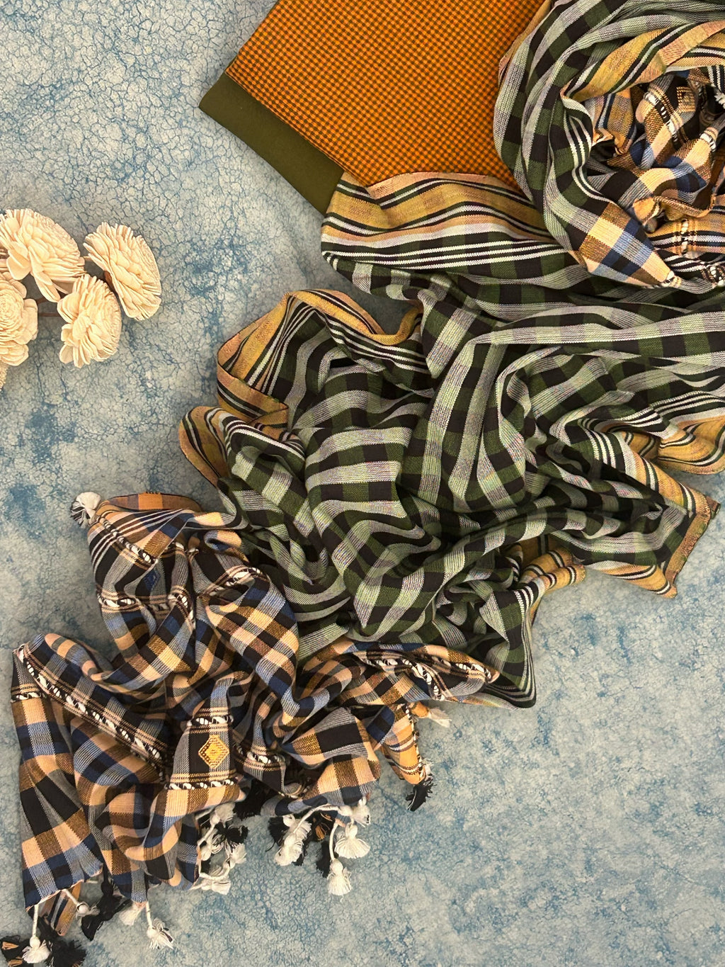 Handwoven Bhujodi Set - Warm Turmeric and Moss Green