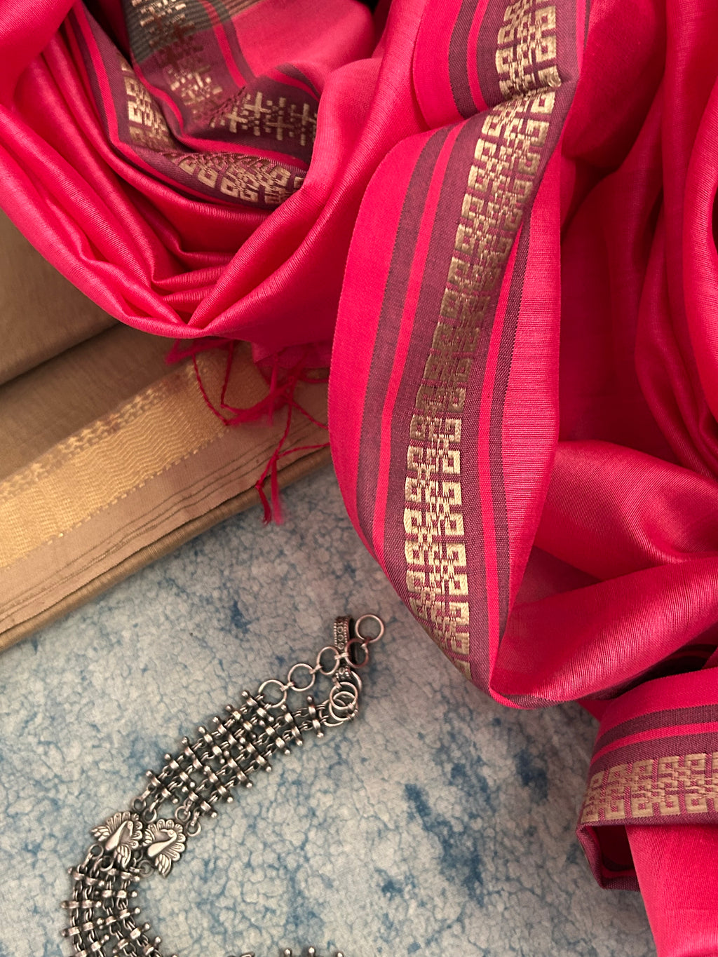 Handwoven Maheshwari Kurta Dupatta Set -Almond & Pink