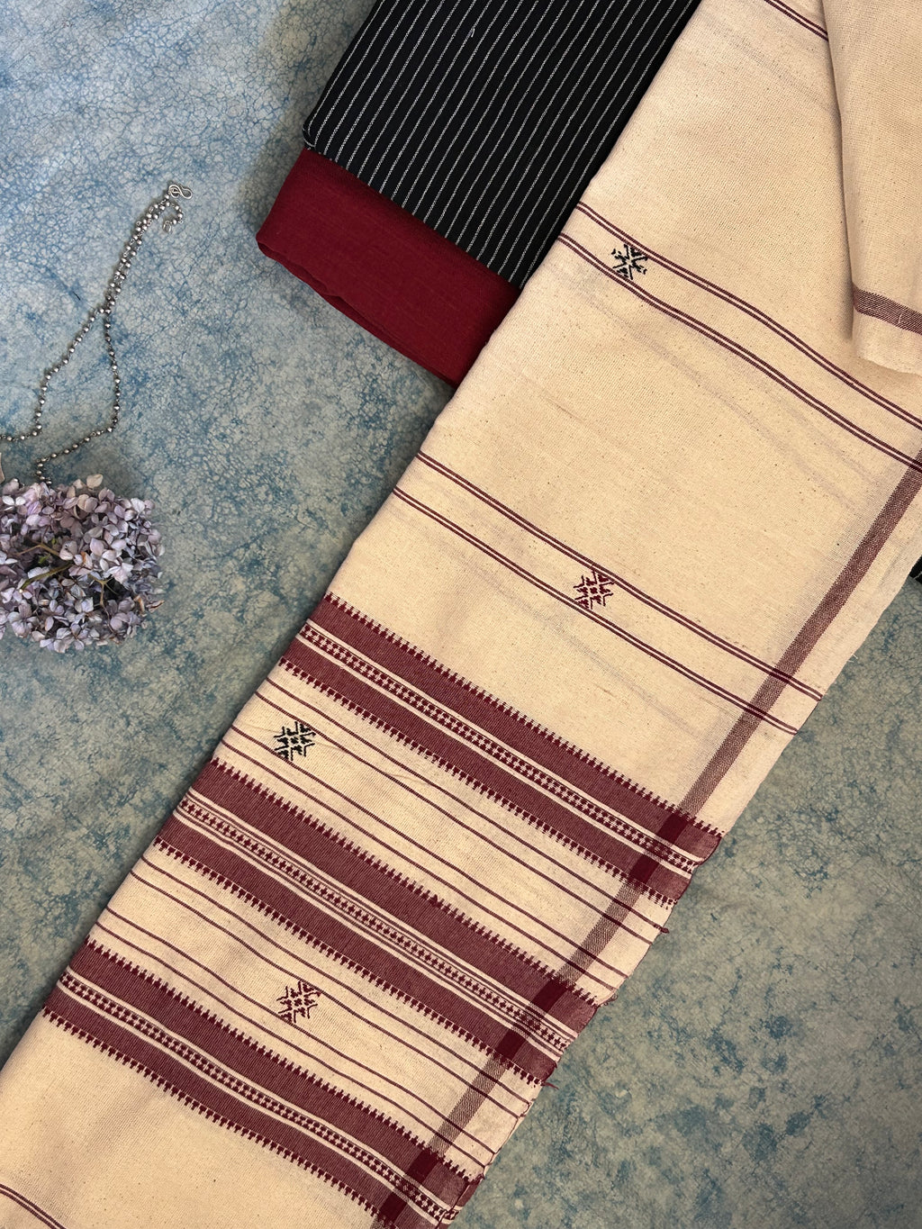 Handspun Handwoven Kotpad Suit Set - Black & Rust Maroon