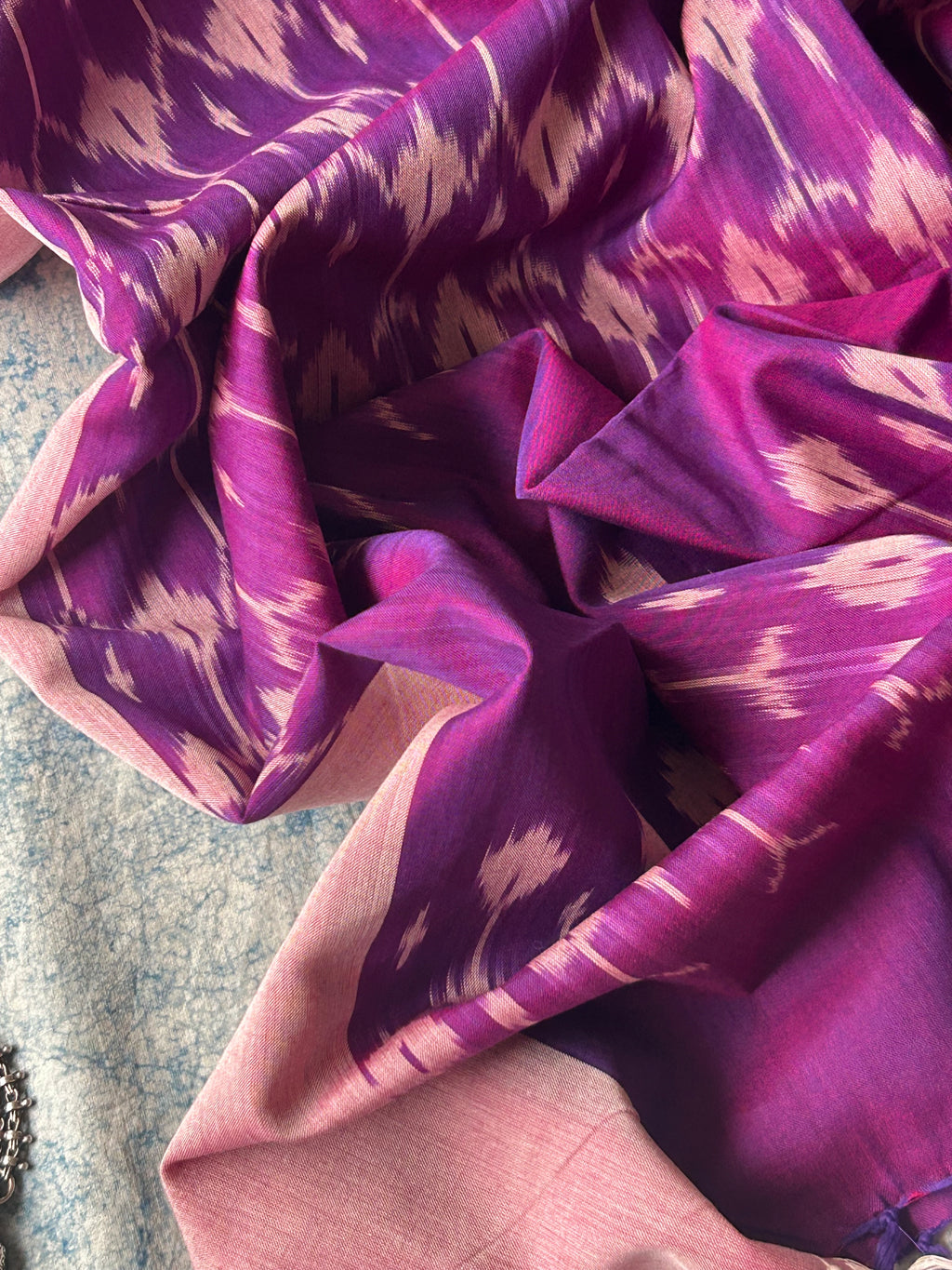 Handwoven Mangalagiri & Ikat Kurta Dupatta Set- Checkered Green and Deep Purple