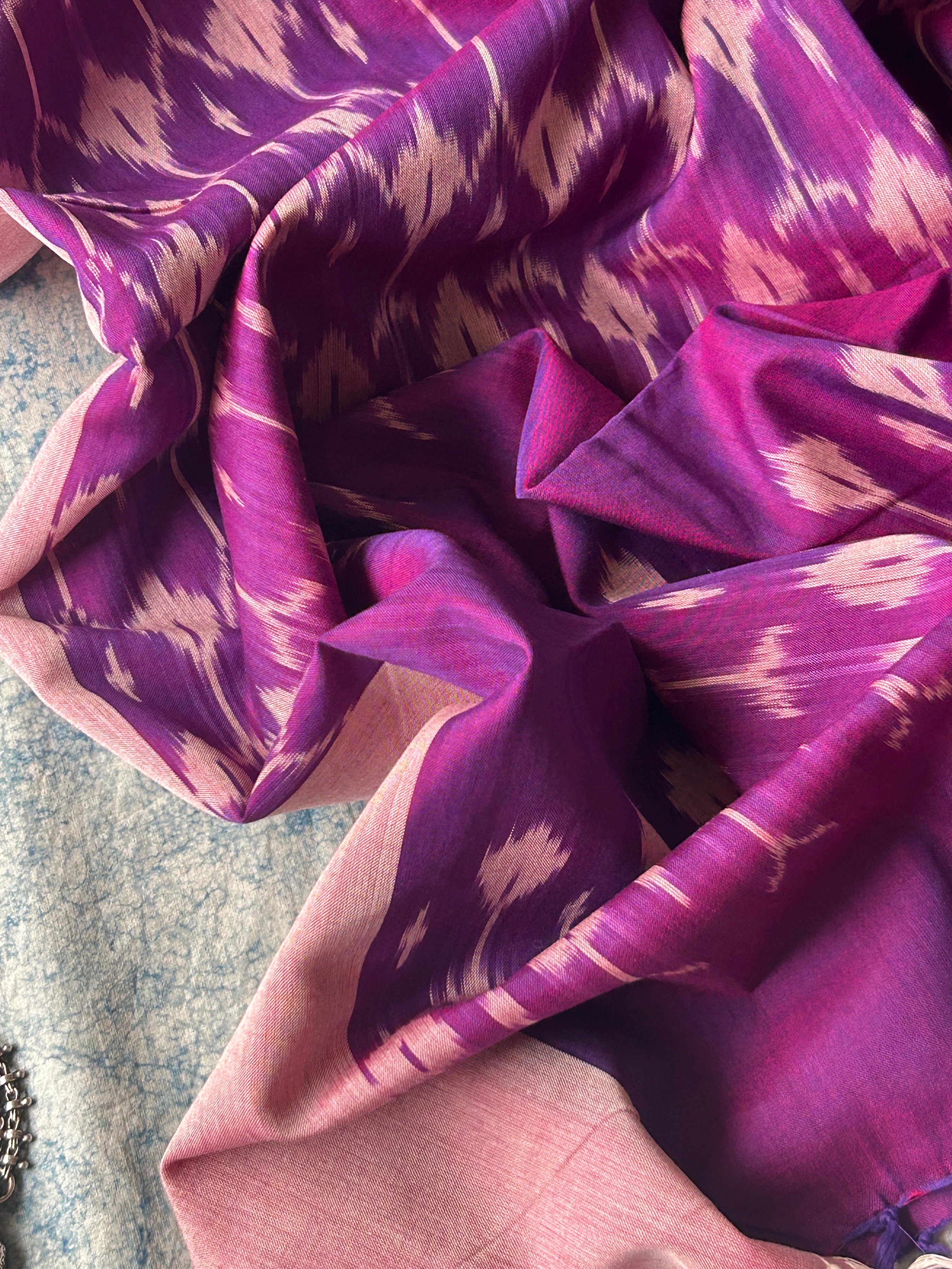 Handwoven Mangalagiri & Ikat Kurta Dupatta Set- Checkered Green and Deep Purple