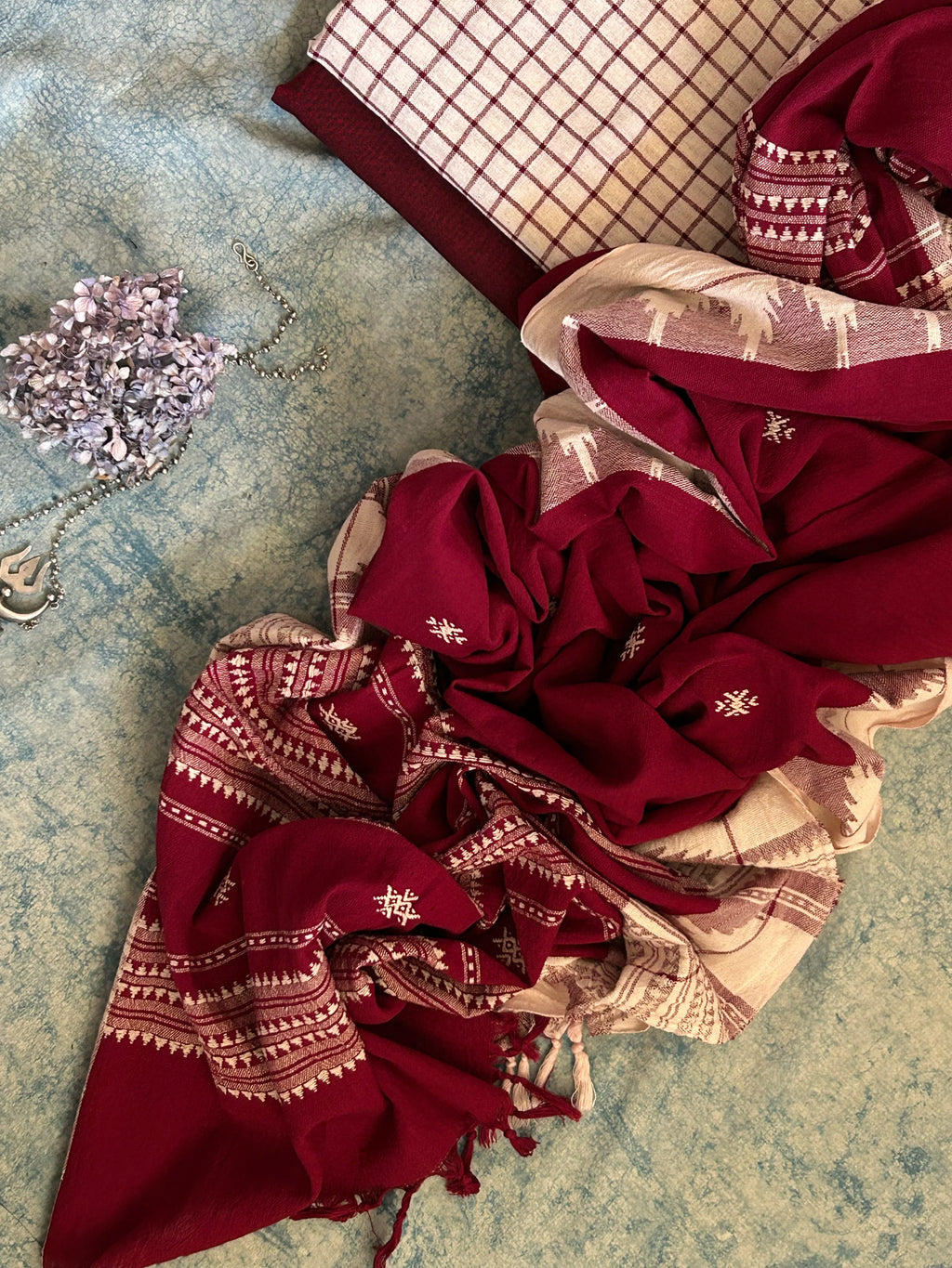Handspun Handwoven Kotpad Suit Set - Ivory Maroon Checks