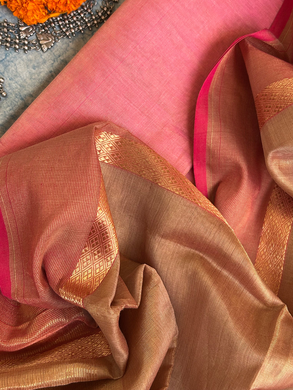 Handwoven Maheshwari Kurta Dupatta Set - Baby Pink & Almond