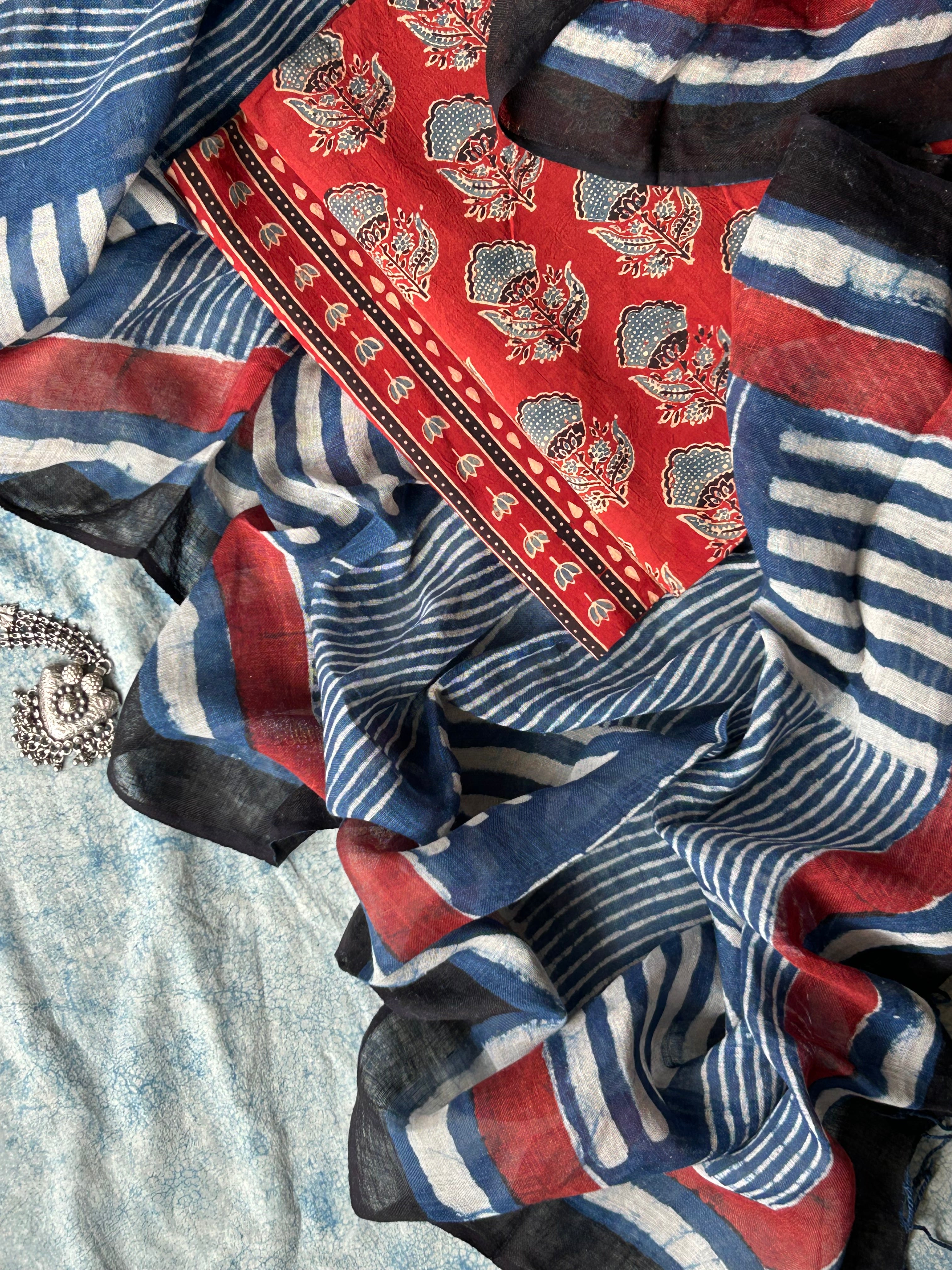 Vasudha - Natural Dyes Handblock Ajrakh Cotton and Linen Dupatta Set