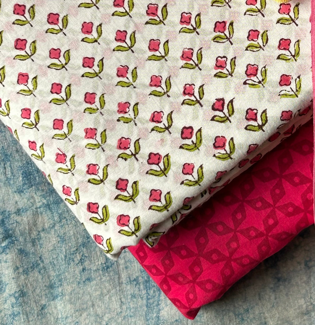 Handblock  Cotton Fabric - White Floral Butta