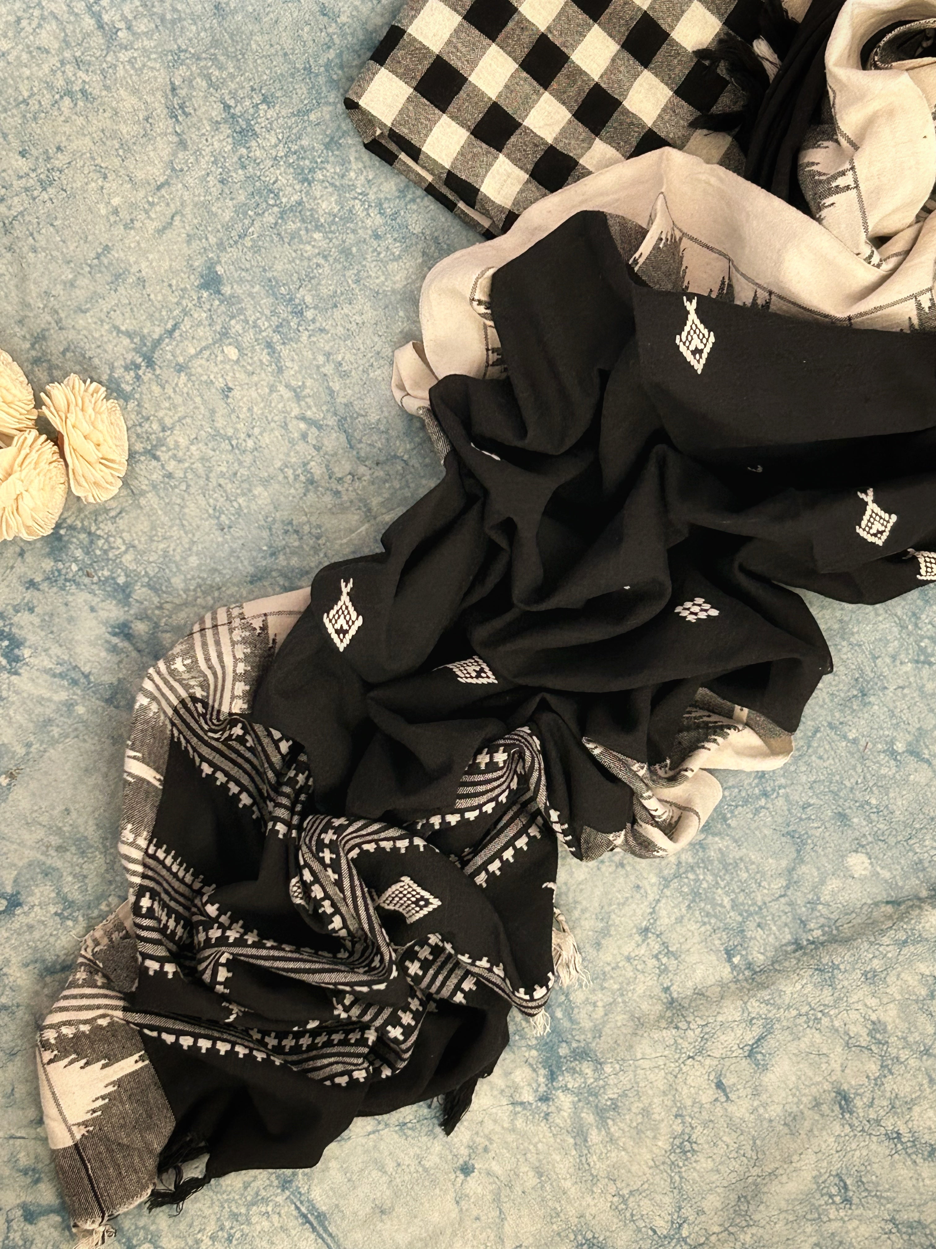 Handspun Handwoven Kotpad Suit Set - Checkered Black