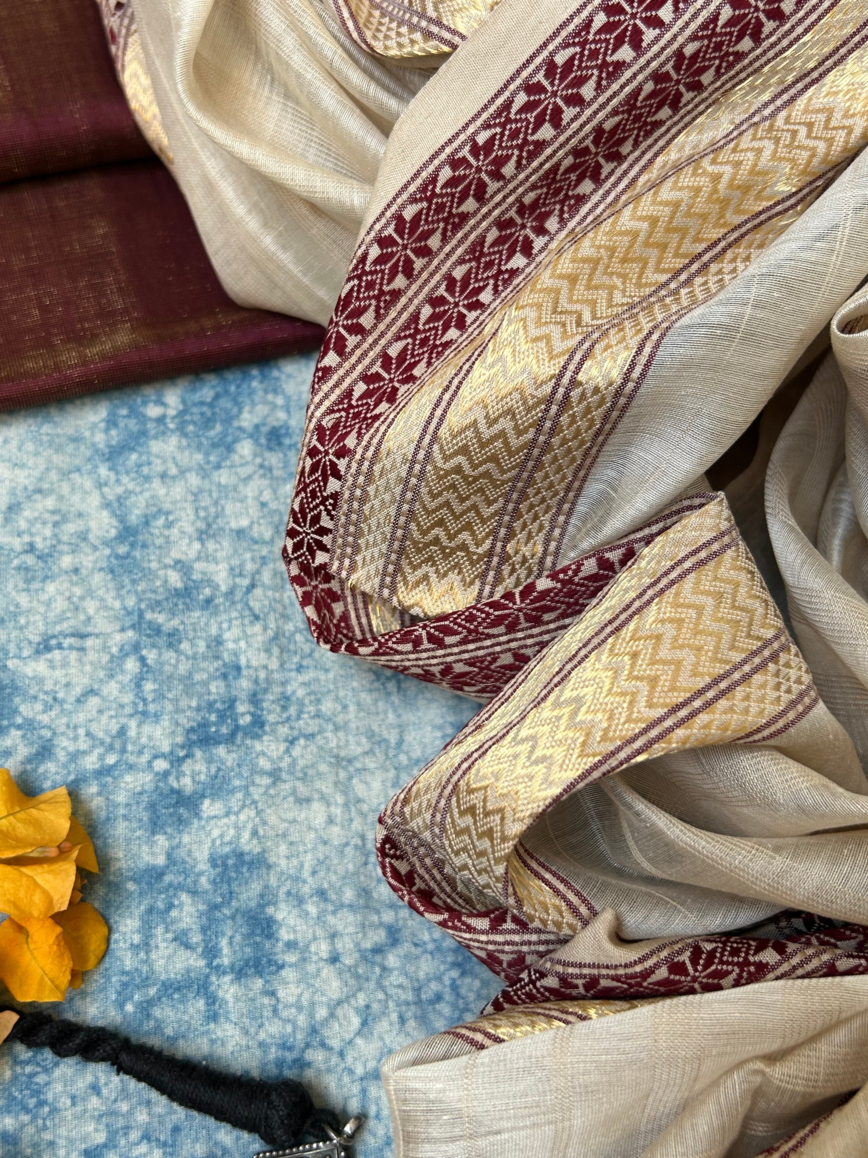 Handwoven Maheshwari Kurta Dupatta Set -Deep Wine and Ivory