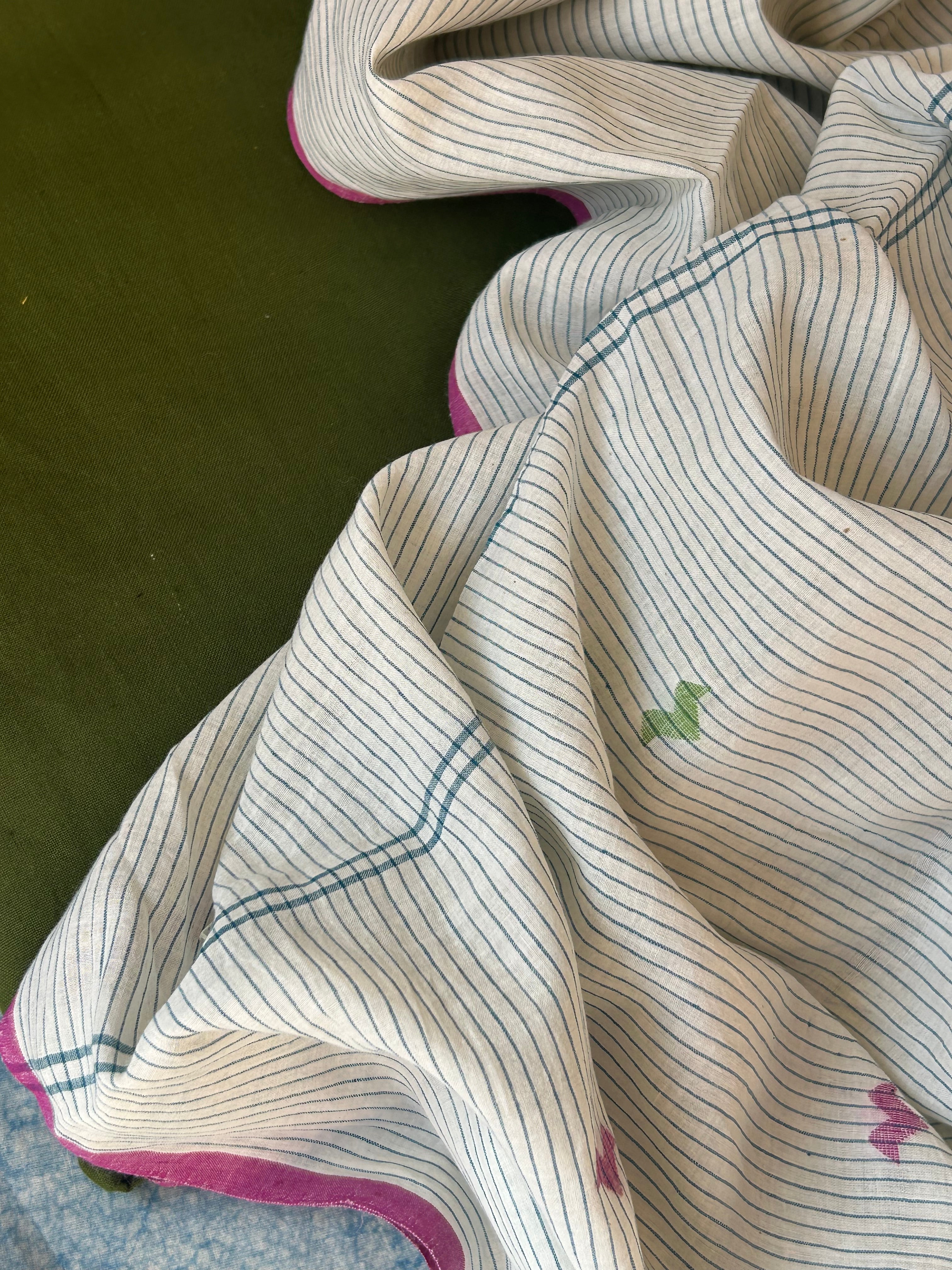 Handwoven Cotton Bengal Jamdani Dupatta Set - The Garden Bloom Green