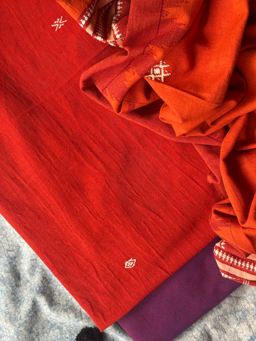 Handspun Handwoven Kotpad Suit Set - Bright Orange and Purple