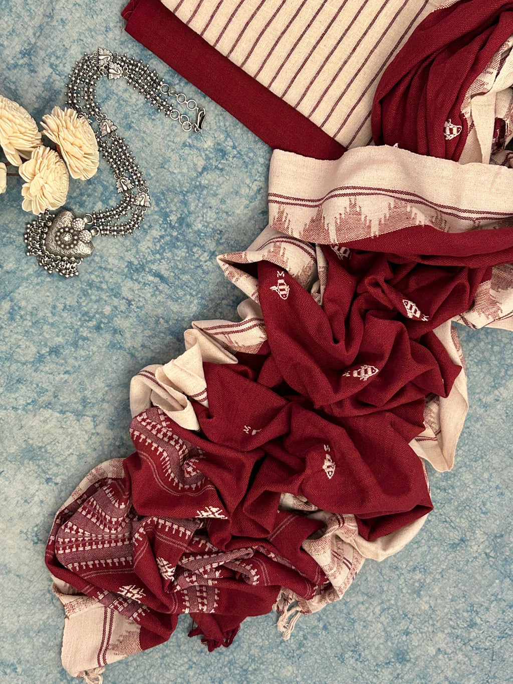 Handspun Handwoven Kotpad Suit Set - Ivory & Rust Maroon