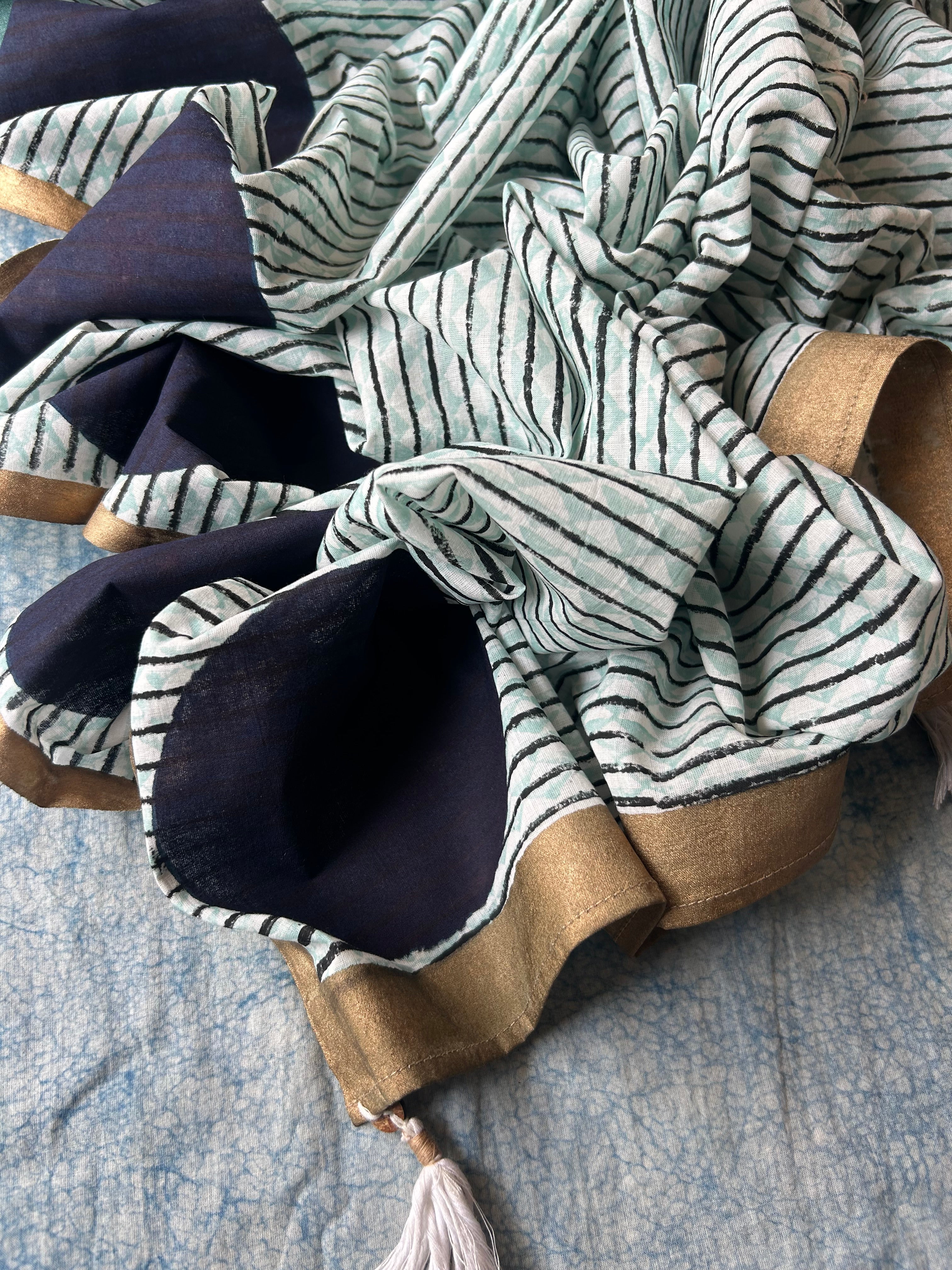 Handwoven Handblock Printed Set - Midnight blue & Turquoise