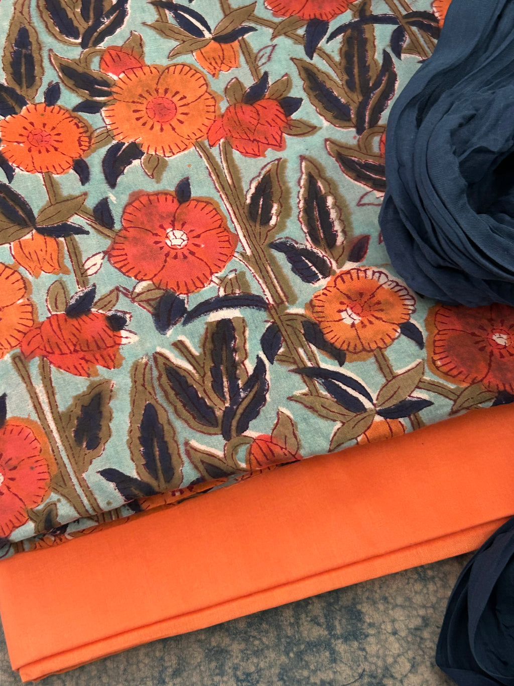 Handcrafted Cotton Suit Set - Multicolour Floral and Peach Orange