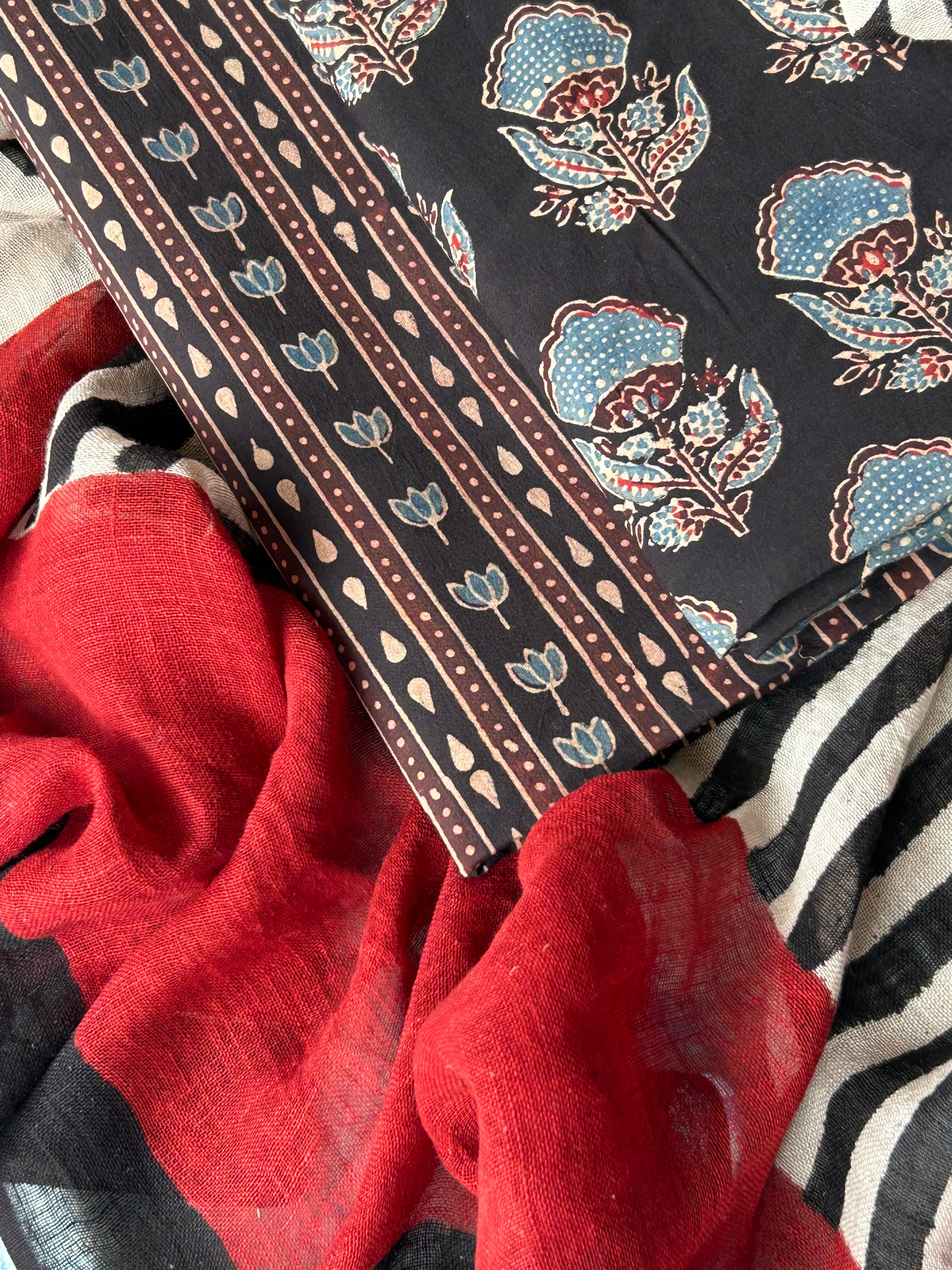 Dharini - Natural Dyes Handblock Ajrakh Cotton and Linen Dupatta Set