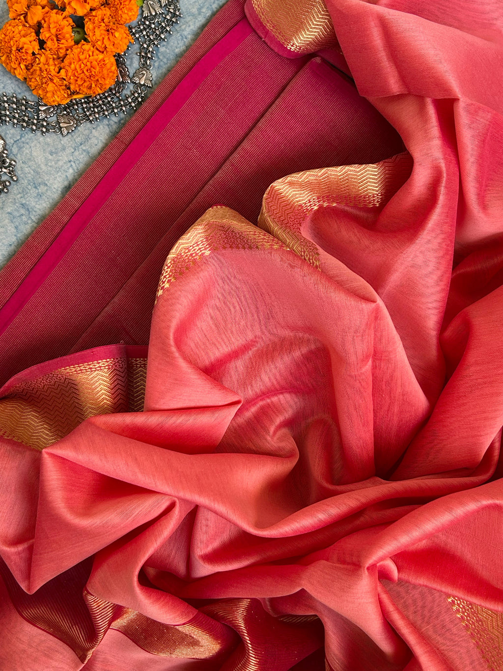 Handwoven Maheshwari Kurta Dupatta Set - Rose Pink & Peach