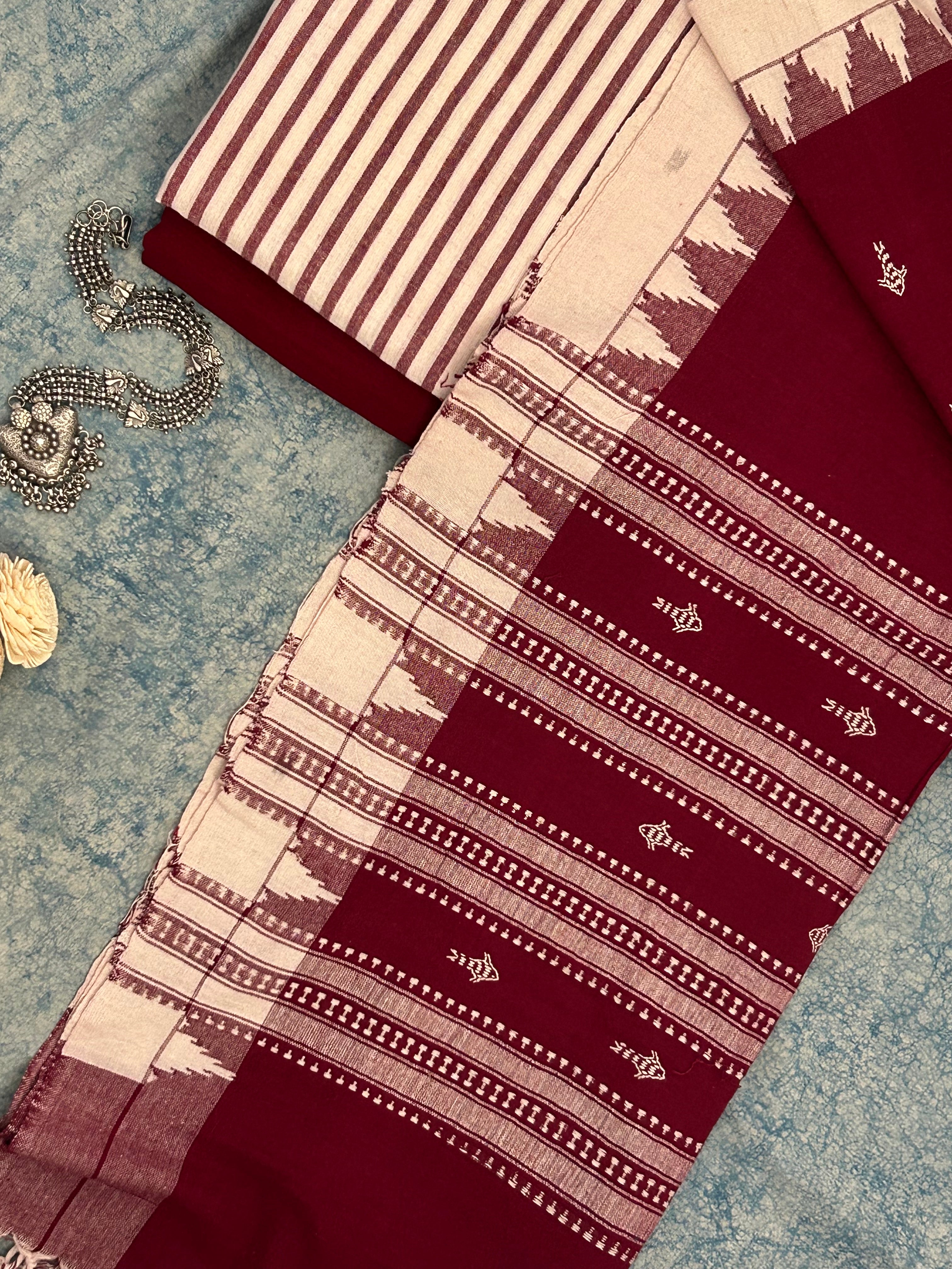 Handspun Handwoven Kotpad Suit Set - Ivory & Deep Maroon