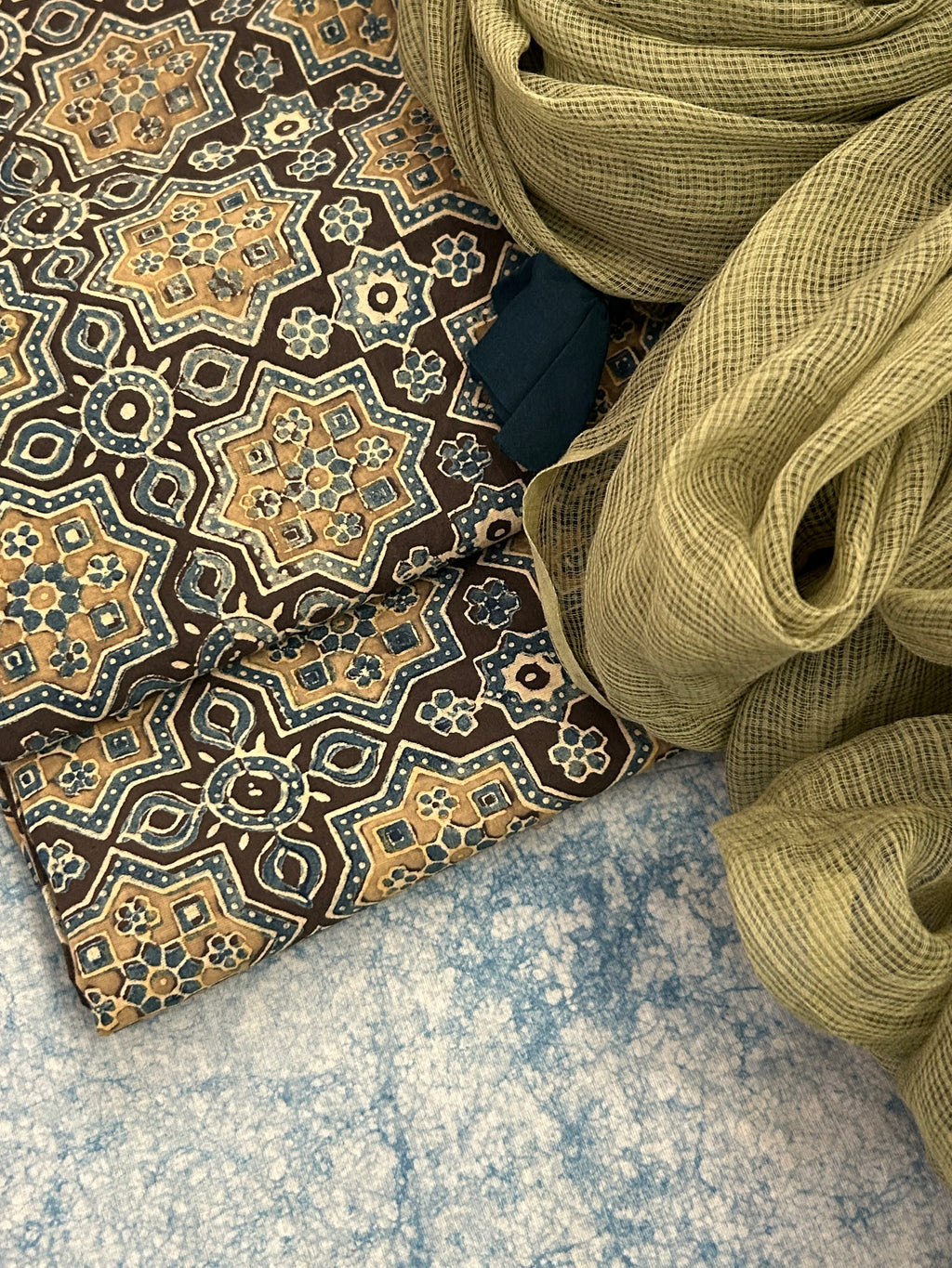 Natural Dyes Handcrafted Ajrakh Kota Suit - Indigo & Mehndi