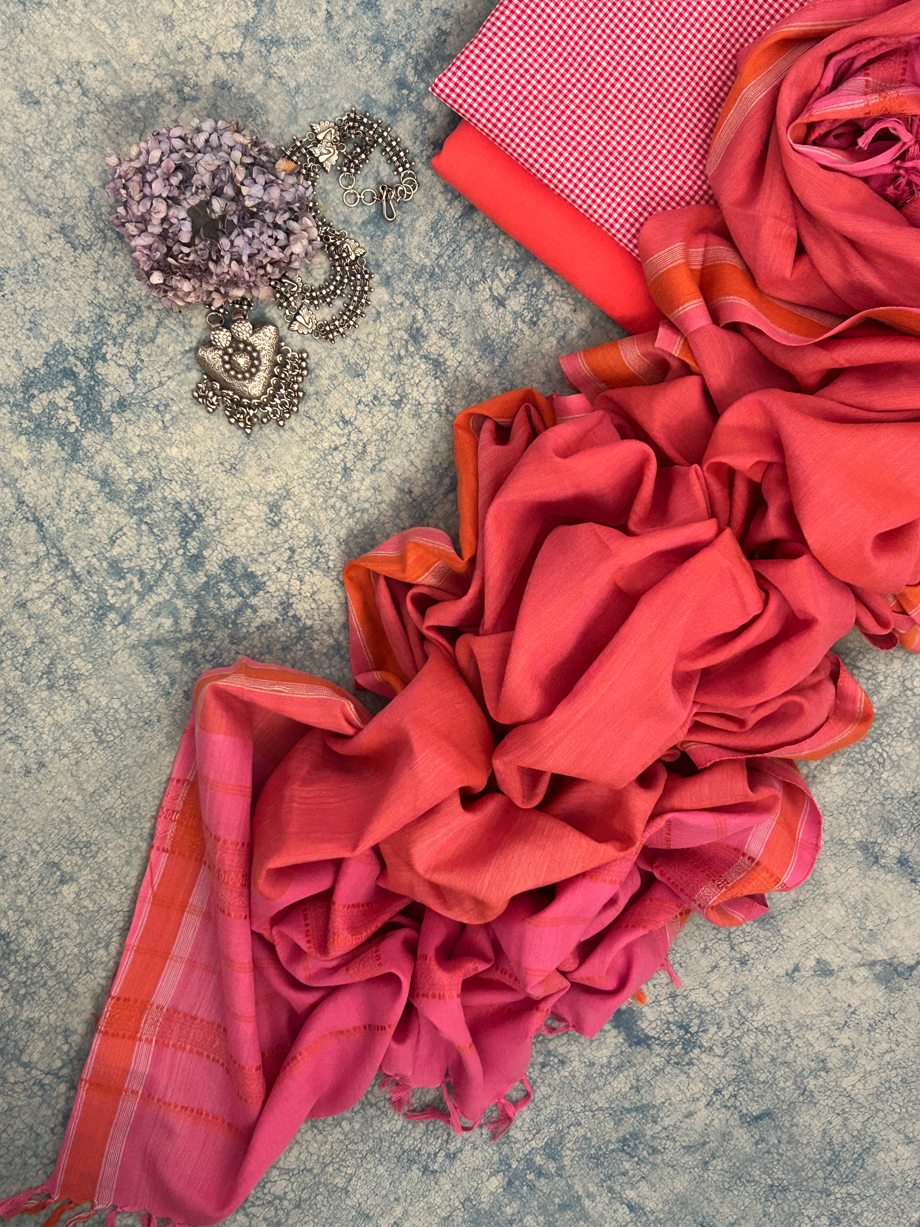 Handwoven Bhujodi Set - Pink and Peach Orange