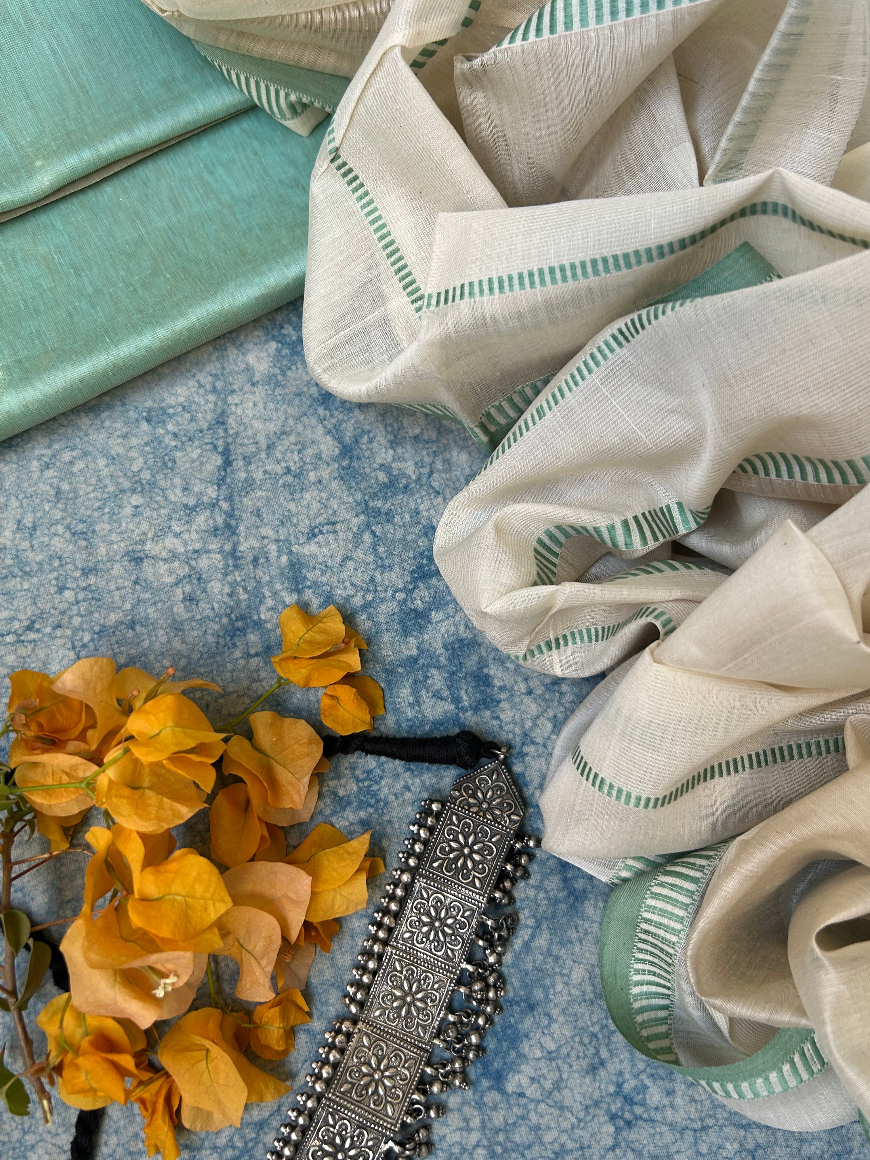 Handwoven Maheshwari Kurta Dupatta Set - Sage Green and Ivory