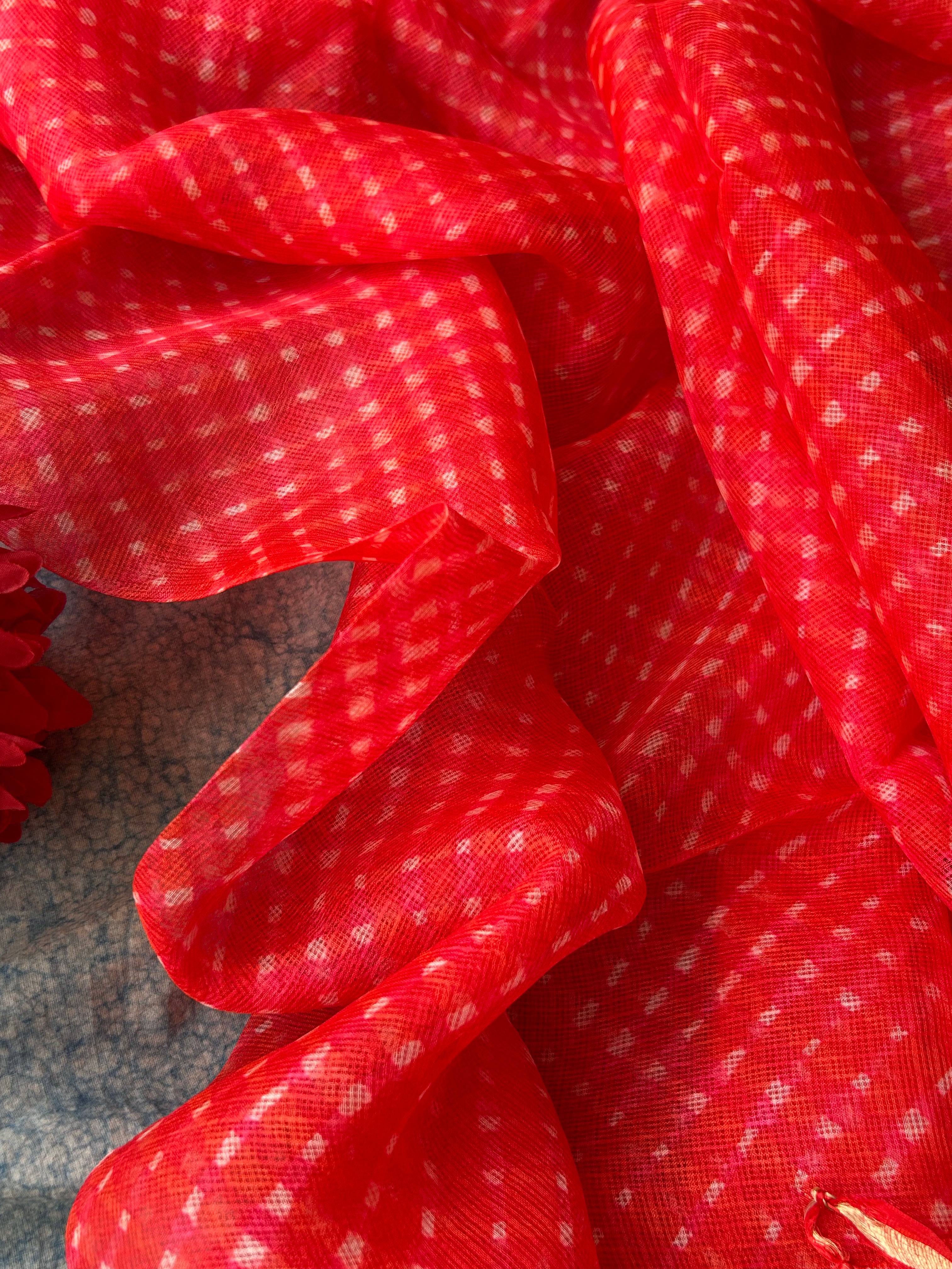 Handcrafted Tie-Dye Silk Kota Doria Dupatta -Mandarin Orange