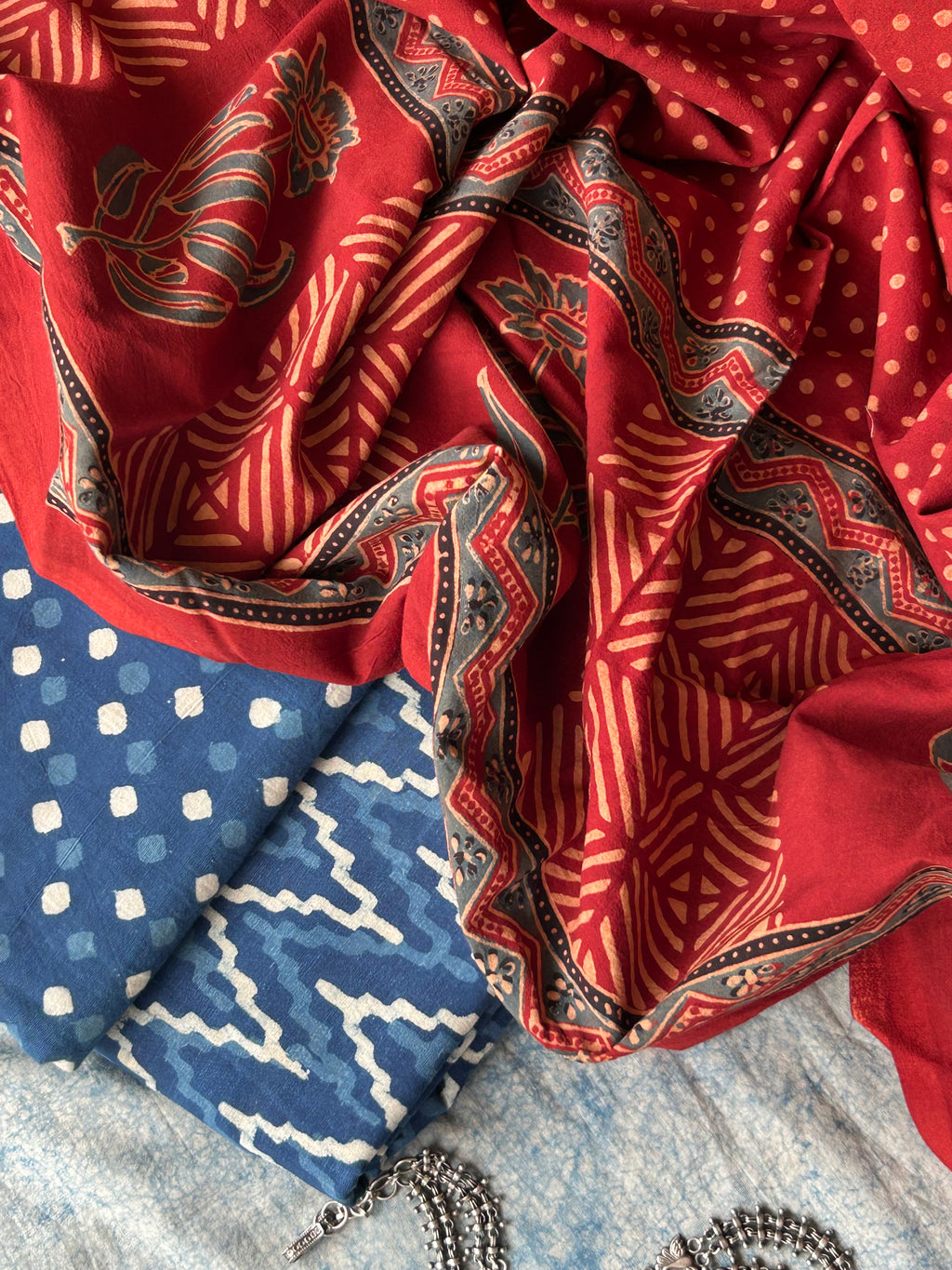 Daboo and Ajrakh Handblock Printed Set - Indigo and Madder Red