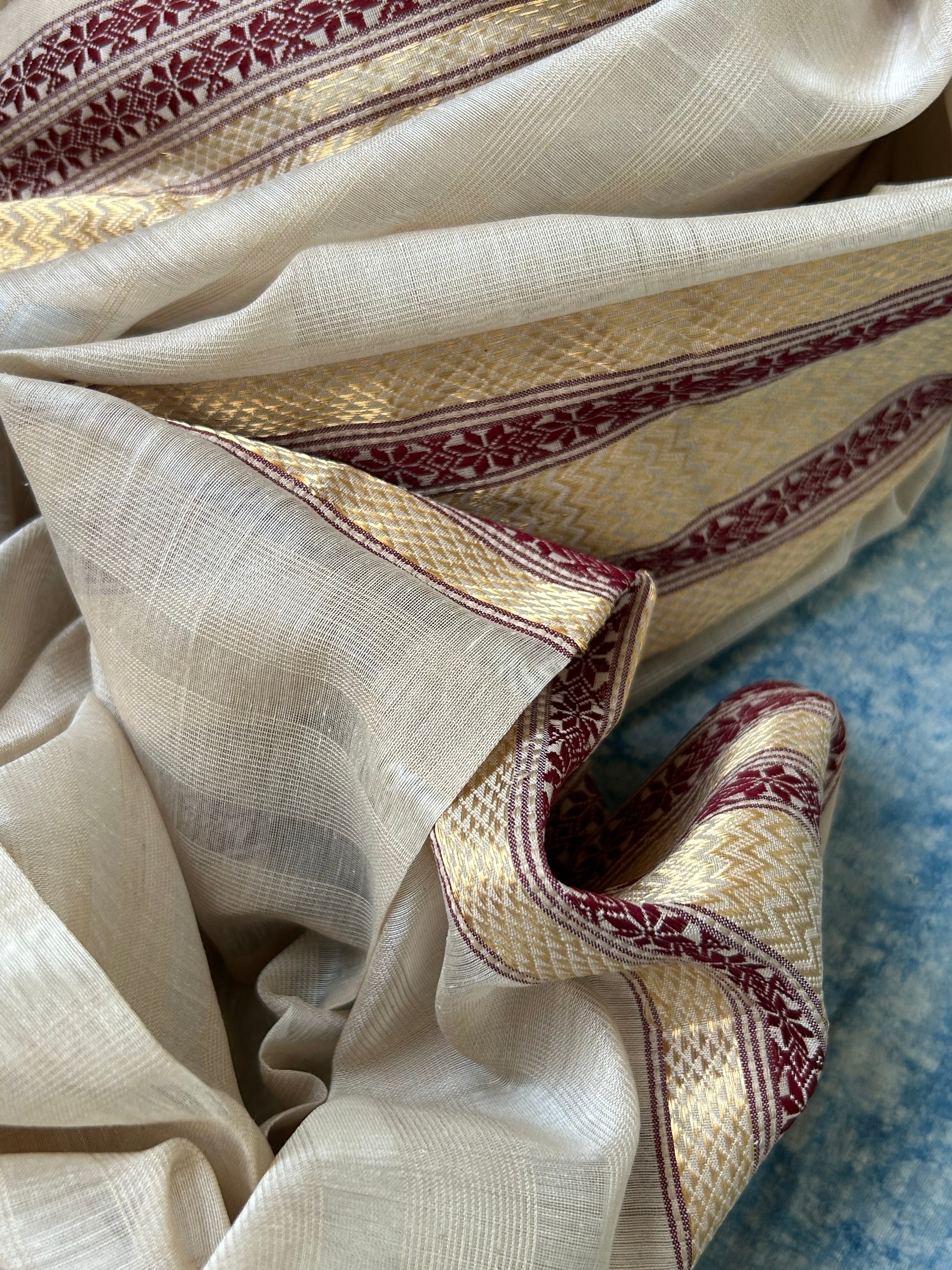 Handwoven Maheshwari Kurta Dupatta Set -Deep Wine and Ivory
