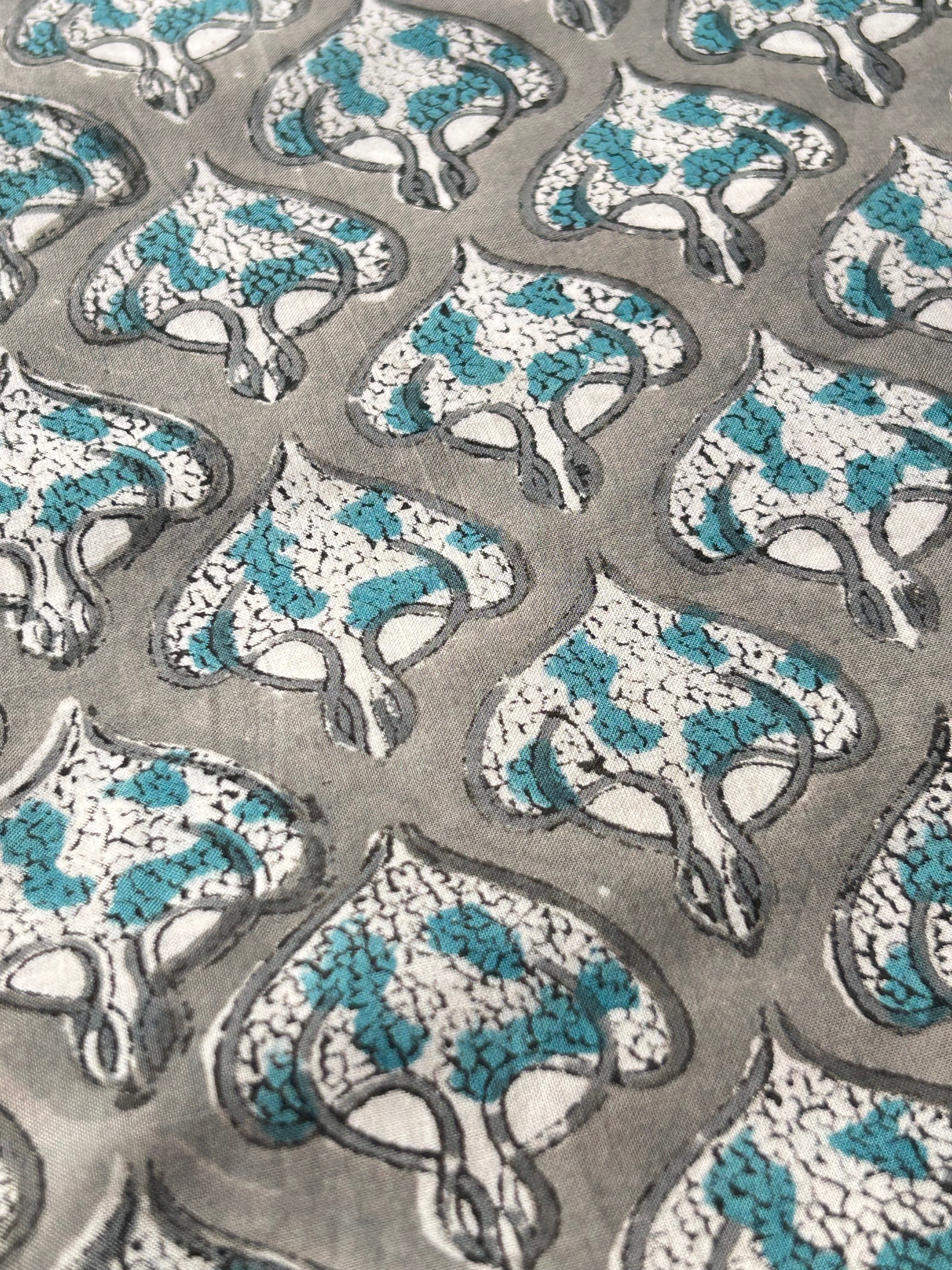 Handblock  Cotton Fabric -  Mughal Butta Grey & Teal