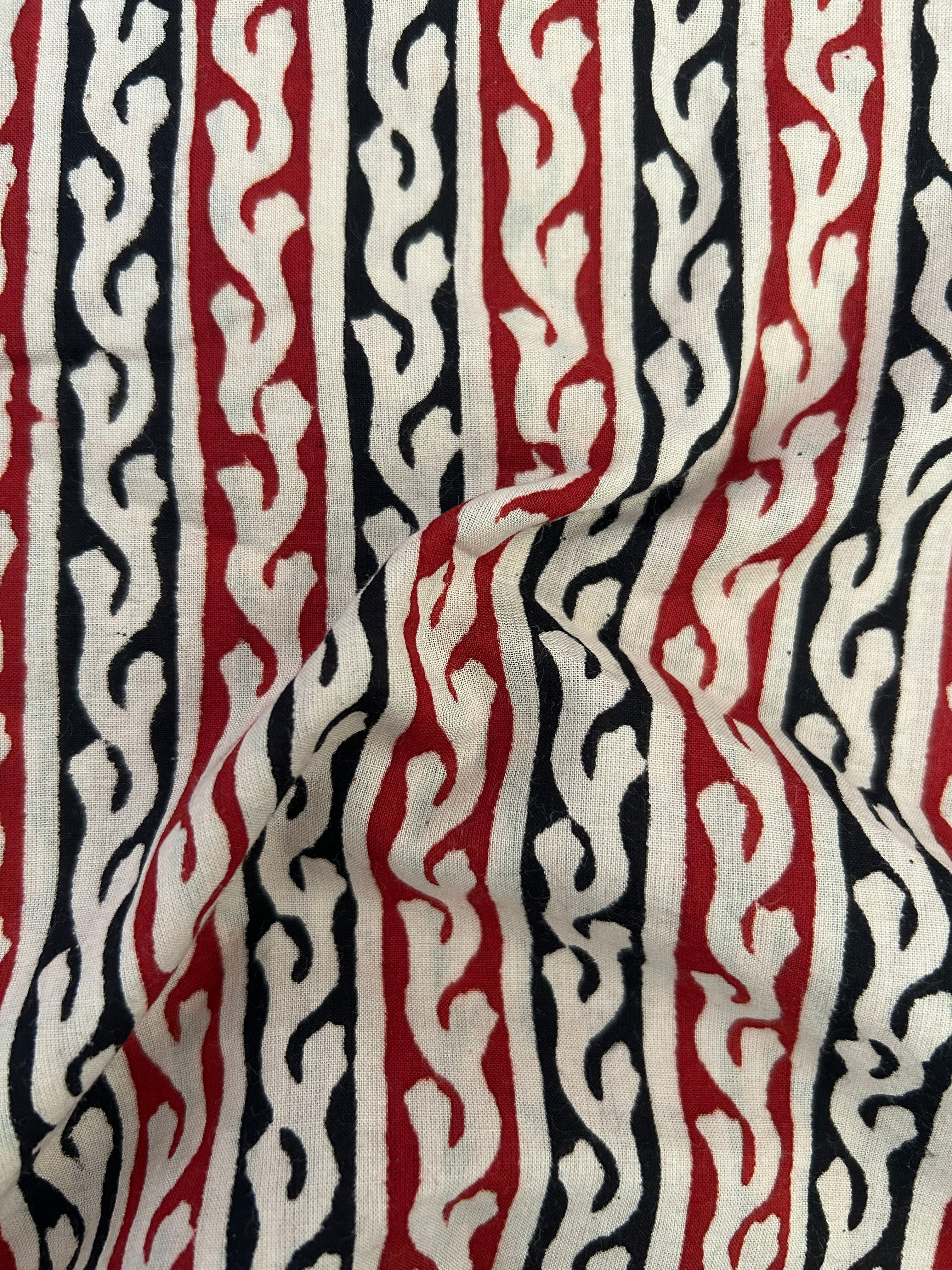 Handblock Printed Azofree dye cotton - Bagru black & Maroon Stripes (2.5m)