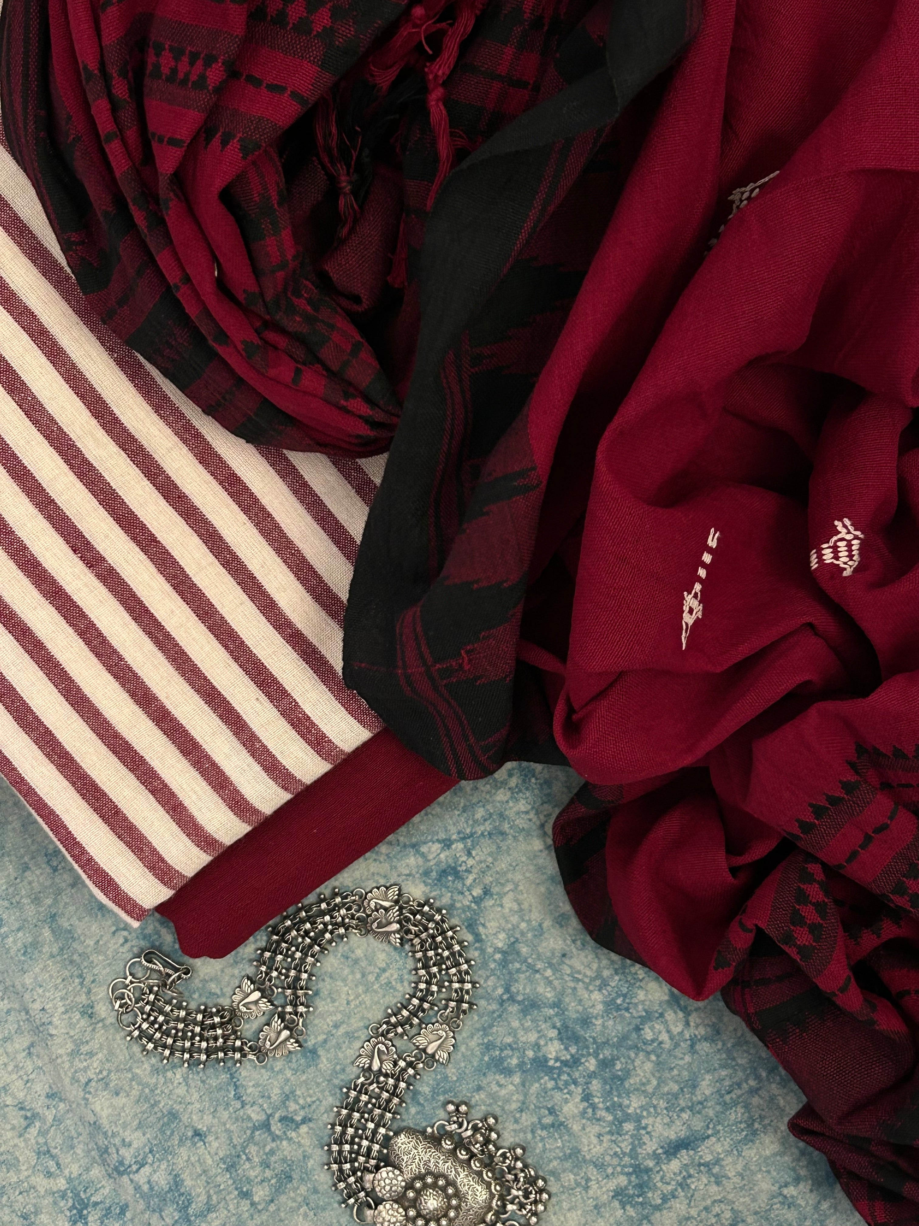 Handspun Handwoven Kotpad Suit Set - Ivory & Deep Maroon