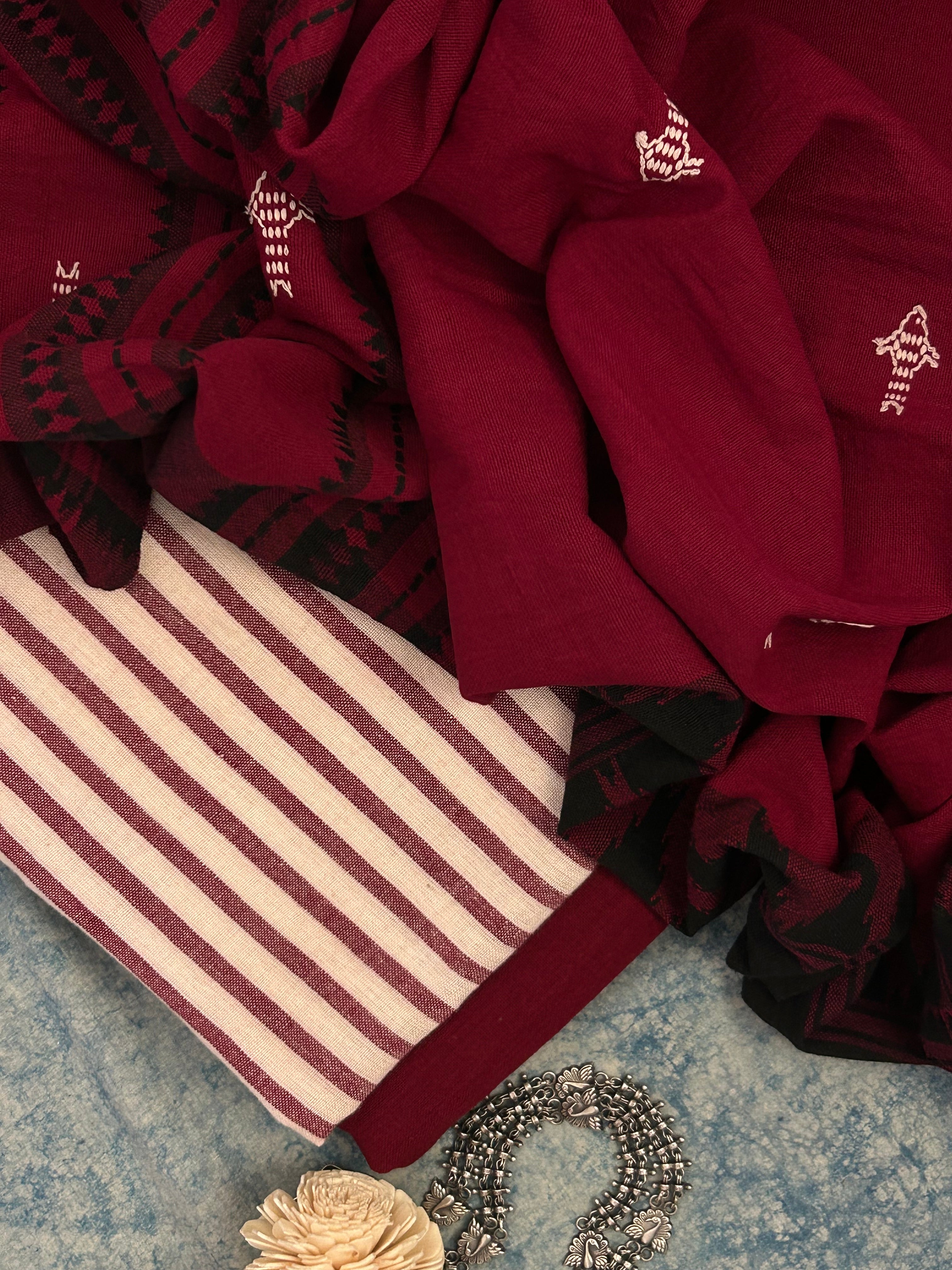 Handspun Handwoven Kotpad Suit Set - Ivory & Deep Maroon