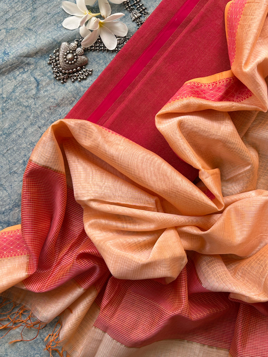 Handwoven Maheshwari Kurta Dupatta Set - Pink & Peach